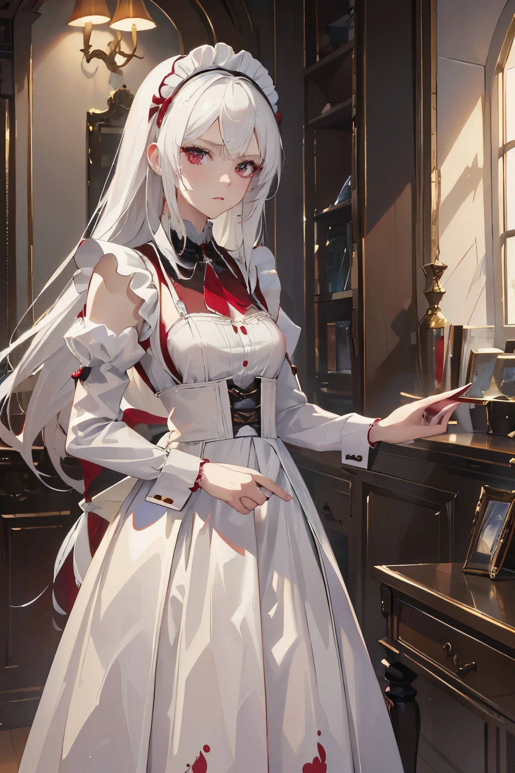 8k, masterpiece, Highly detailed, high-quality, masterpiece, 1 woman, white hair, red eyes, maid dress, human, in noble house, elegant,