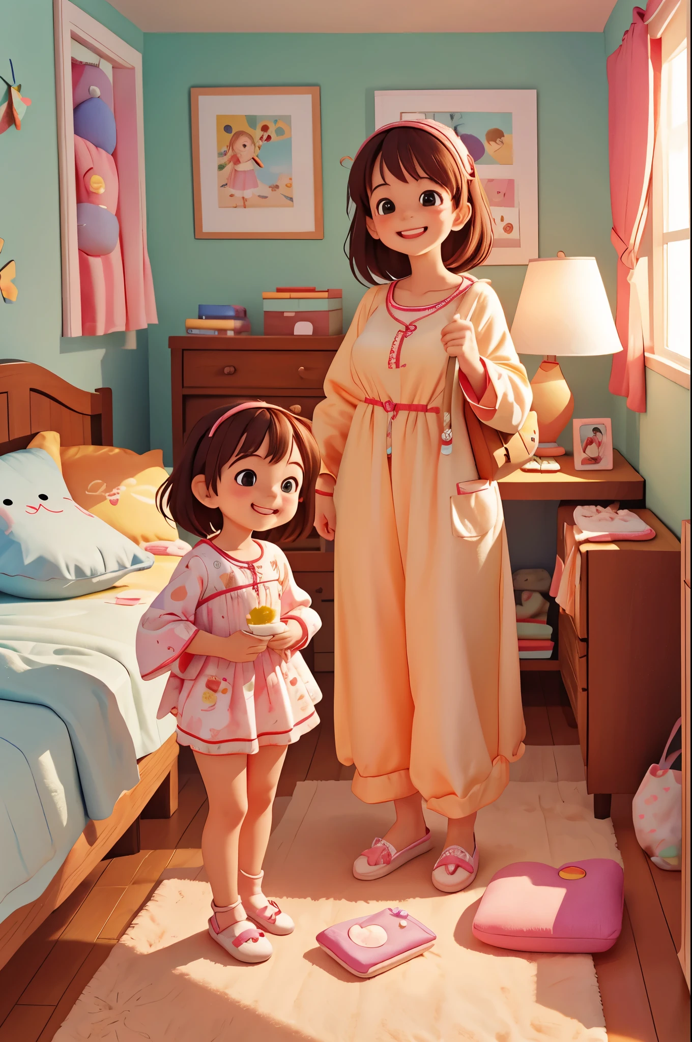 girl's bedroom,Mom is holding a dress,Cute little girl in pajamas standing next to her,smiling,happy,Pixar style, best quality, stills,