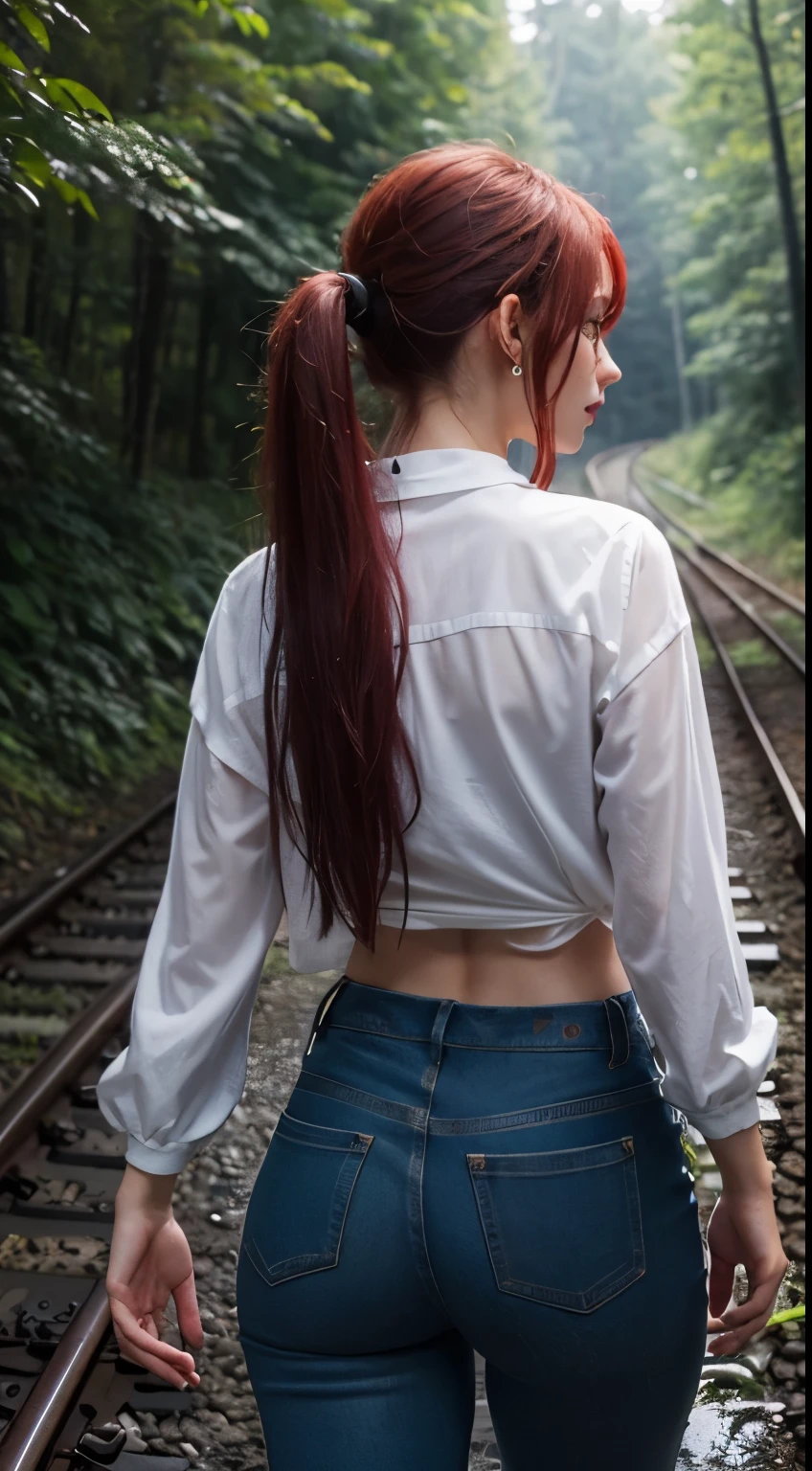 A beautiful and lovely woman wearing
Lace casual clothes, long red hair tied into a ponytail, small breasts, wet clothes, back to the camera, walking on an abandoned railway in a forest, the railway is 5 meters wide, the left slope goes up, the right slope goes down, long full of dense tall boreal trees, masterpiece, ambient light, photorealism, best quality, skin details, 8k intri, HDR, half body, cinematic lighting, sharp focus, eyeliner, lips, earrings, hmmikasa, long shenhe_genshin