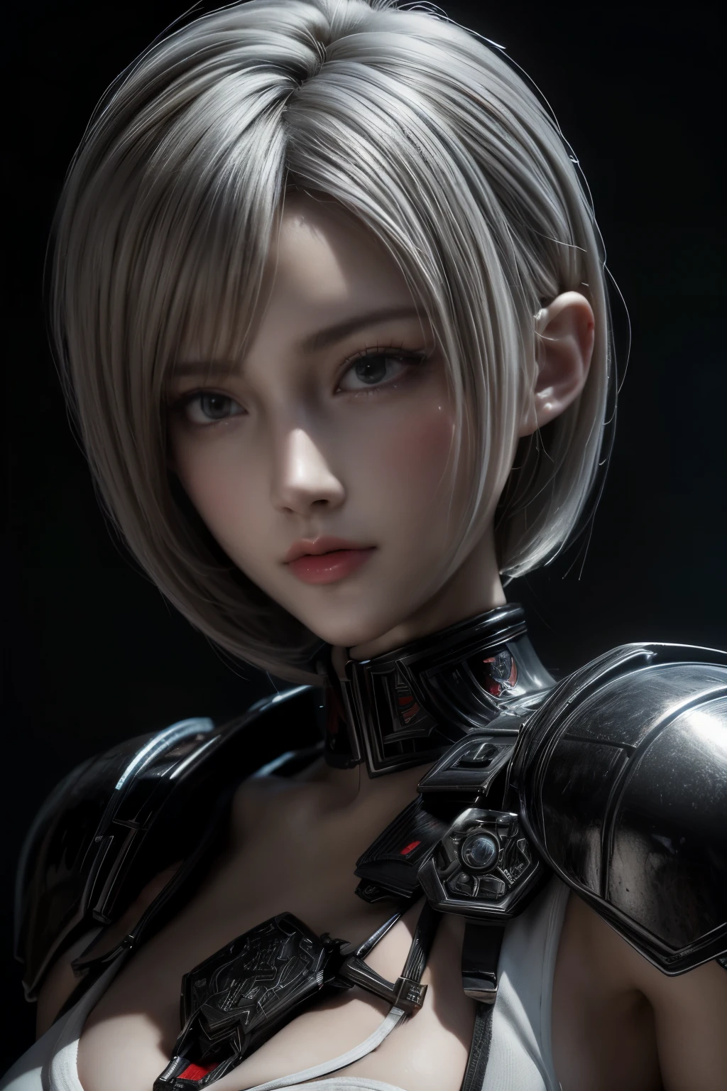 Hot bust to waist beauty anime girl /// (2B Nier Automata) wearing detailed combat body suit with scarf, upperbody shots, detailed skin, face sharp focus, detailed eyes and pupils (and red lips), detailed bob cut hair, intricate details and sharp, masterpiece, global illumination, real shadow, bokeh, best quality, photorealistic, realistic, 8k, 3d