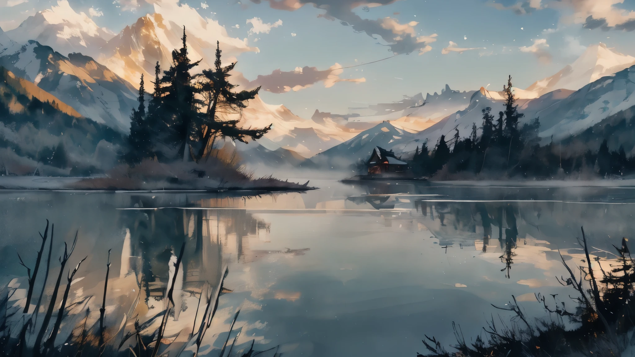 early morning,The sun shines through the leaves and illuminates the calm lake surface,Snow-capped peaks reflected on the lake。Clouds and mist surround the mountain peaks,It adds a bit of mystery。in the forest,Deer walking in the woods,Birds chirping on the branches。A wooden house sits by the lake,Blend in with the surrounding scenery。Realistic,Beautiful,4K,soft light,natural light,peaceful,peace,Ethereal