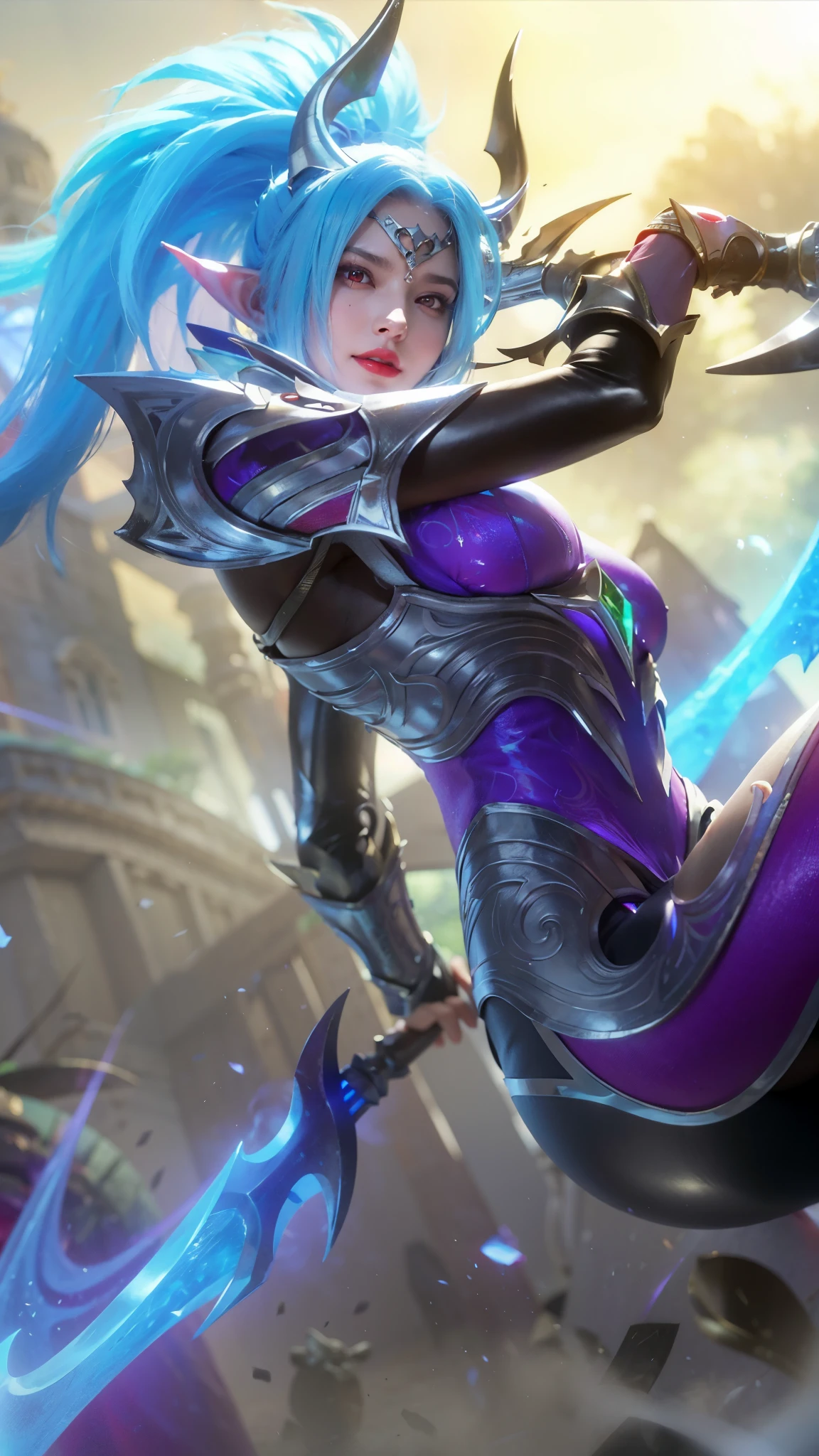 (female:1.2), 8k, ultra hd, ultra detailed texture, hyper realistic, masterpiece, detailed texture, detailed face, detailed skin, detailed lighting, (photorealistic:1.5), best quality, beautiful lighting, cinematic lighting, professional lighting, ultra highres, realistic, detailed hair, real hair, high quality, (realskin:1.5), extremely detailed, finely detail, ultra-detailed, 1girl, solo, elf, pointy ears, standing, demon horns, forehead protector, (red eyes:1.5), v-shapped eyebrow, lips, red lips, evil smile, nose, make up, pretty, beautiful, cute face, long hair, blue hair, high ponytail, large breasts, cleavage, armpit, navel, stomach, black armor, pauldrons, bare shoulders, shoulder armor, thigh high, sleevless, detached sleeves, breastplate, gauntlets, karina \(mobile legends\), depth of field, looking aways, white skin, skin tight, amazing pose, outdoors, glowing, dark view, blurry background