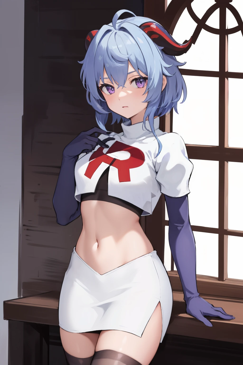 ganyudef, violet eyes,short hair, light blue hair, horns on head, neck bell,team rocket,team rocket uniform, red letter R, white skirt,white crop top,black thigh-highs,black elbow gloves