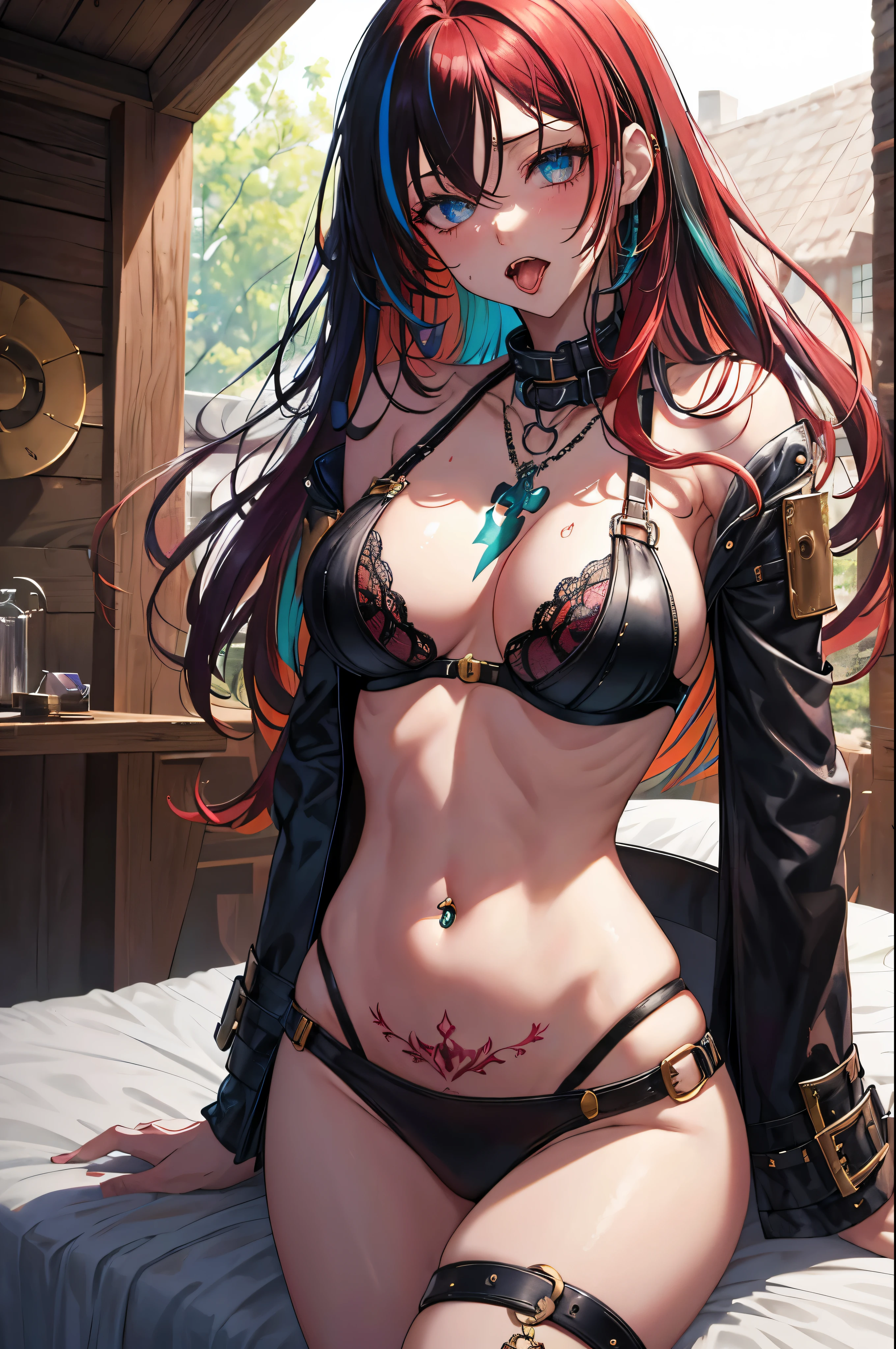 fancy, alone, cottage, human, big bust, navel, (table top, best quality), side lightning, ,beautiful and delicate eyes, Slave chain, slave collar, lying in bed, Slave clothes, eye rolling, Tongue sticking out, With the tongue, crazy, dehisce, shout, Ahegao, heavy breathing, blush, sweat, Slave clothes, multicolored hair, long hair, Tattoo, 자궁 Tattoo,navel 피어싱, black bra , sexy