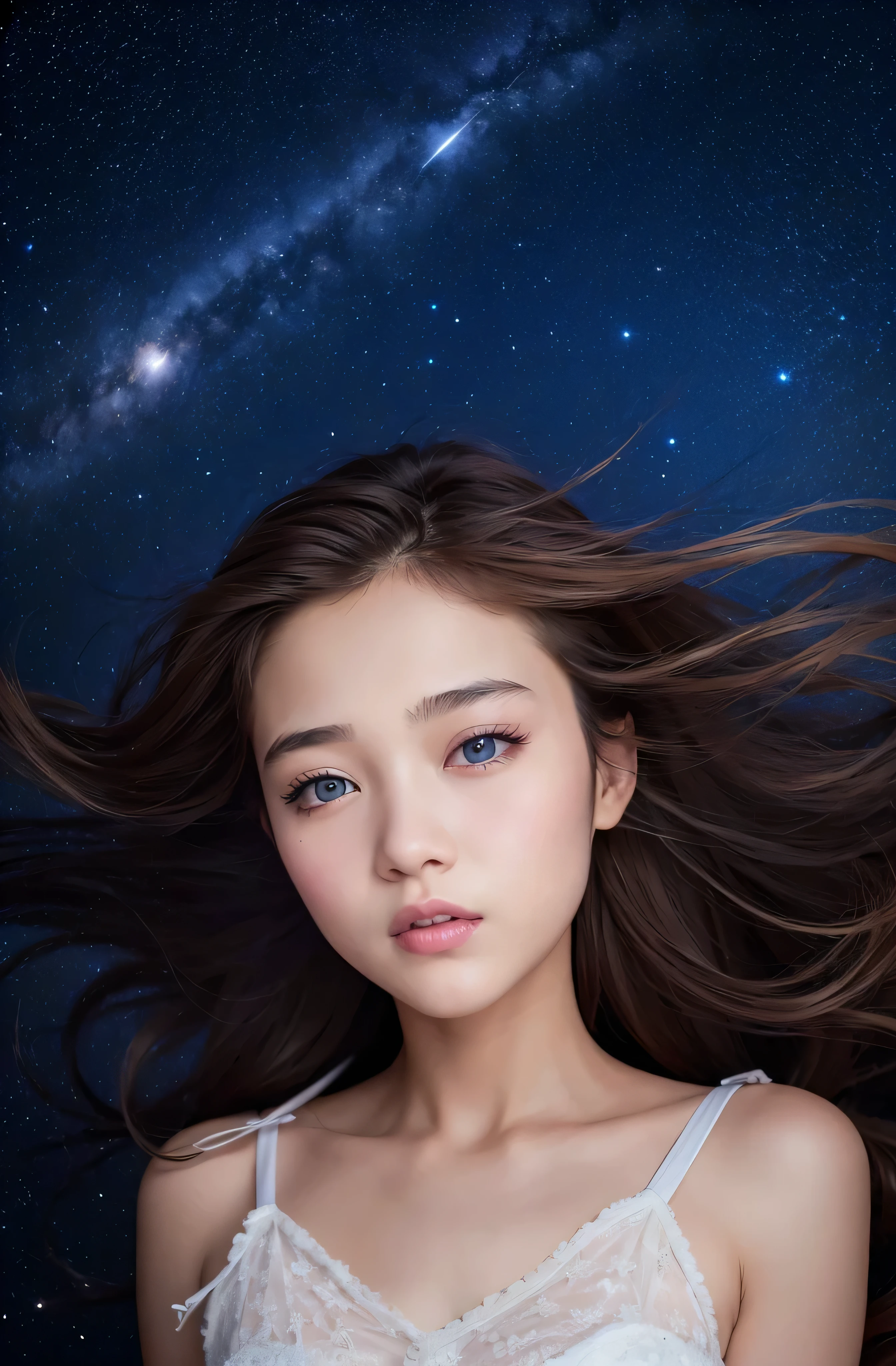 8K、12-year-old super beautiful girl, length hair, starryskybackground、detailed beautiful faces、Camisole Dresses、Night、Like a scene from a movie、(((Very strong wind)))