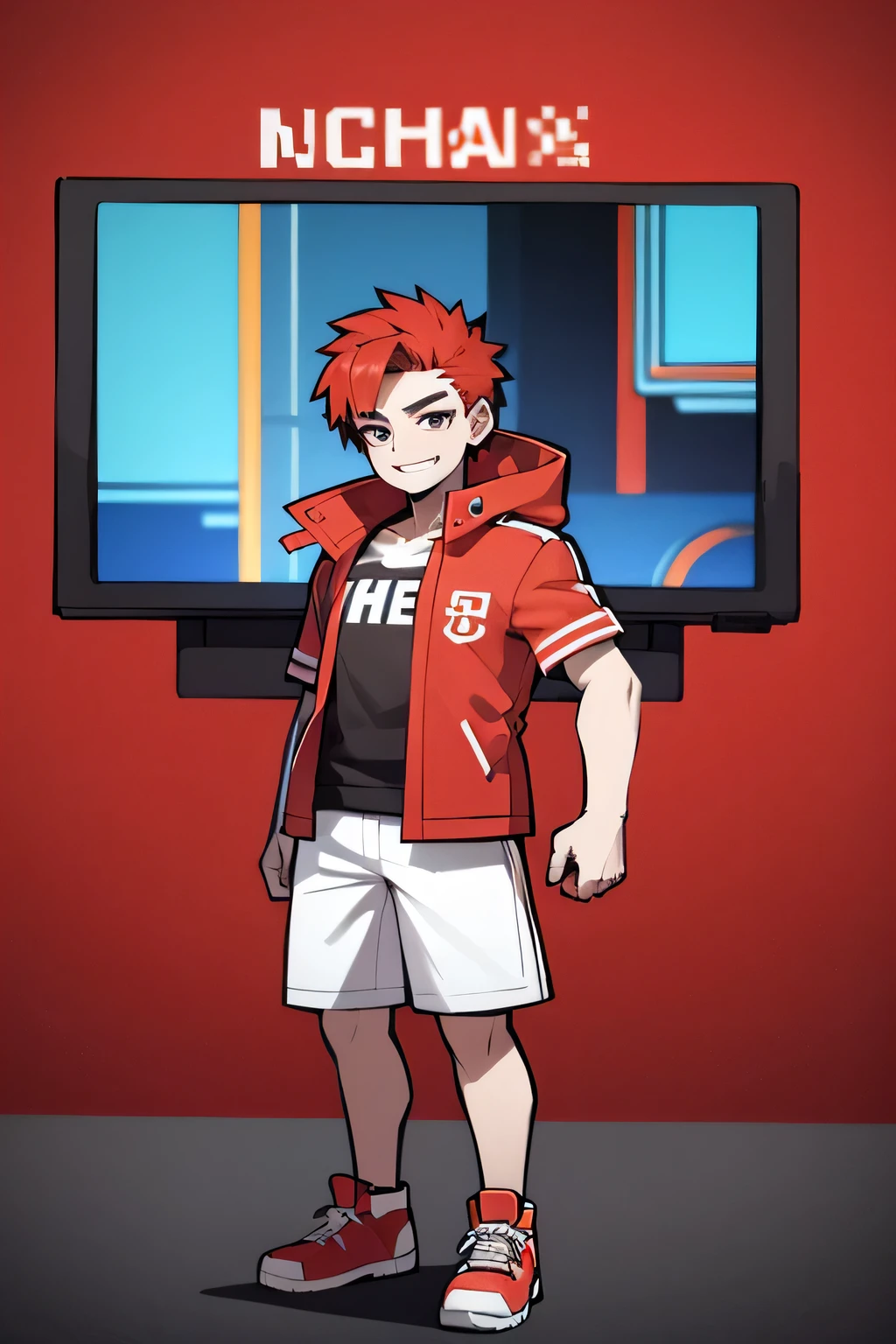 High resolution, high quality, ((boy)),super sharp, 8k, masterpiece, bright red hair, My eyes are also red,short, smile,the background is white,whole body,small character,professional gamer,Gamer Clothing,no background,Central location,red jacket,whole body,Standing picture