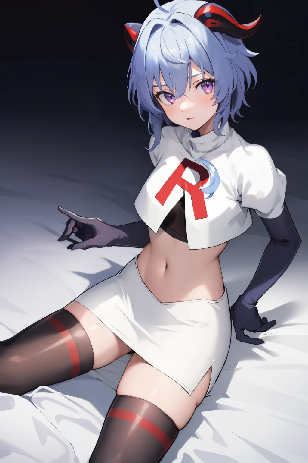 ganyudef, violet eyes,short hair, light blue hair, horns on head, neck bell,team rocket,team rocket uniform, red letter R, white skirt,white crop top,black thigh-highs,black elbow gloves