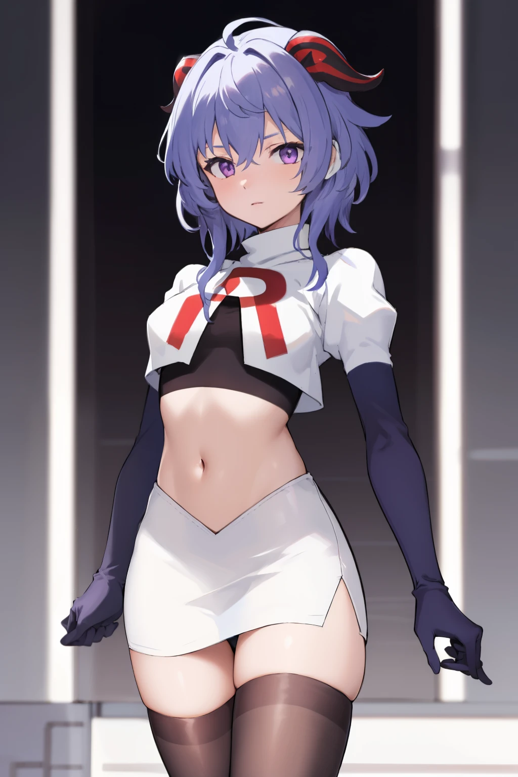 ganyudef, violet eyes,short hair, light blue hair, horns on head, neck bell,team rocket,team rocket uniform, red letter R, white skirt,white crop top,black thigh-highs,black elbow gloves