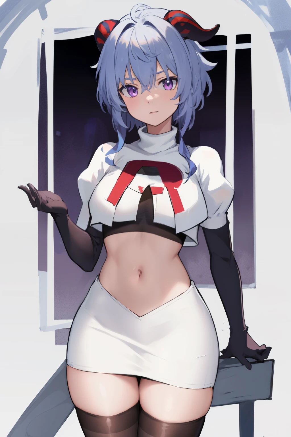 ganyudef, violet eyes,short hair, light blue hair, horns on head, neck bell,team rocket,team rocket uniform, red letter R, white skirt,white crop top,black thigh-highs,black elbow gloves