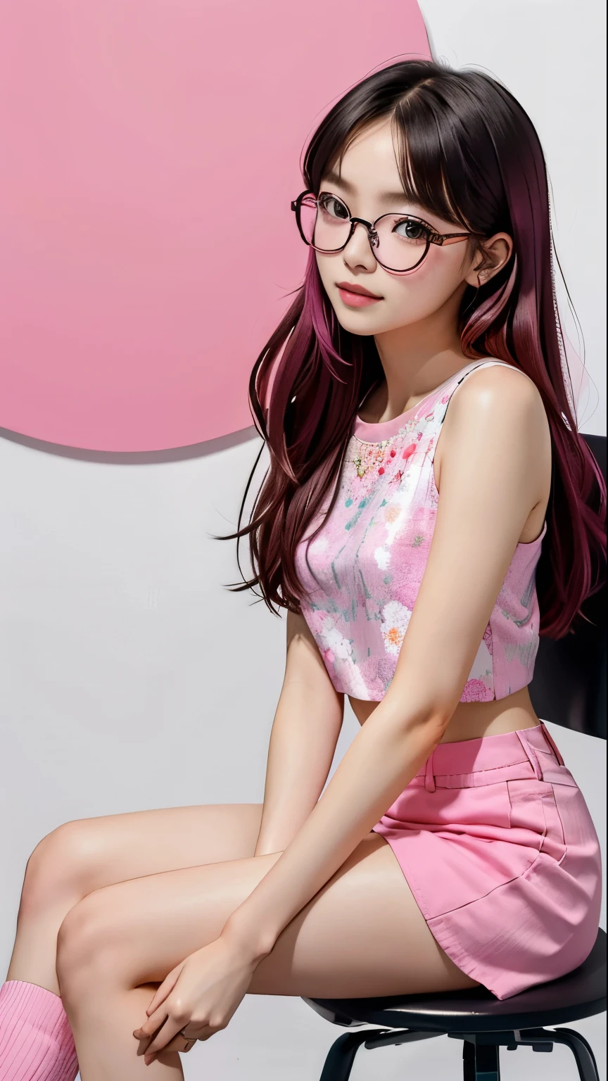 Japanese woman sitting on a chair with glasses on her face, Sunglasses, To wear glasses, Urzan, woman in pink glasses, Currency Lumrata, in thin large round glasses, wear rose-colored glasses, wear small round glasses, Portrait of Jiss Blackpink, Blackpink Jisoo, Blackpink Jisoo, Square glasses, Sunglasses