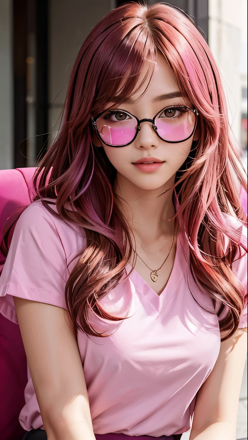 Japanese woman sitting on a chair with glasses on her face, Sunglasses, To wear glasses, Urzan, woman in pink glasses, Currency Lumrata, in thin large round glasses, wear rose-colored glasses, wear small round glasses, Portrait of Jiss Blackpink, Blackpink Jisoo, Blackpink Jisoo, Square glasses, Sunglasses