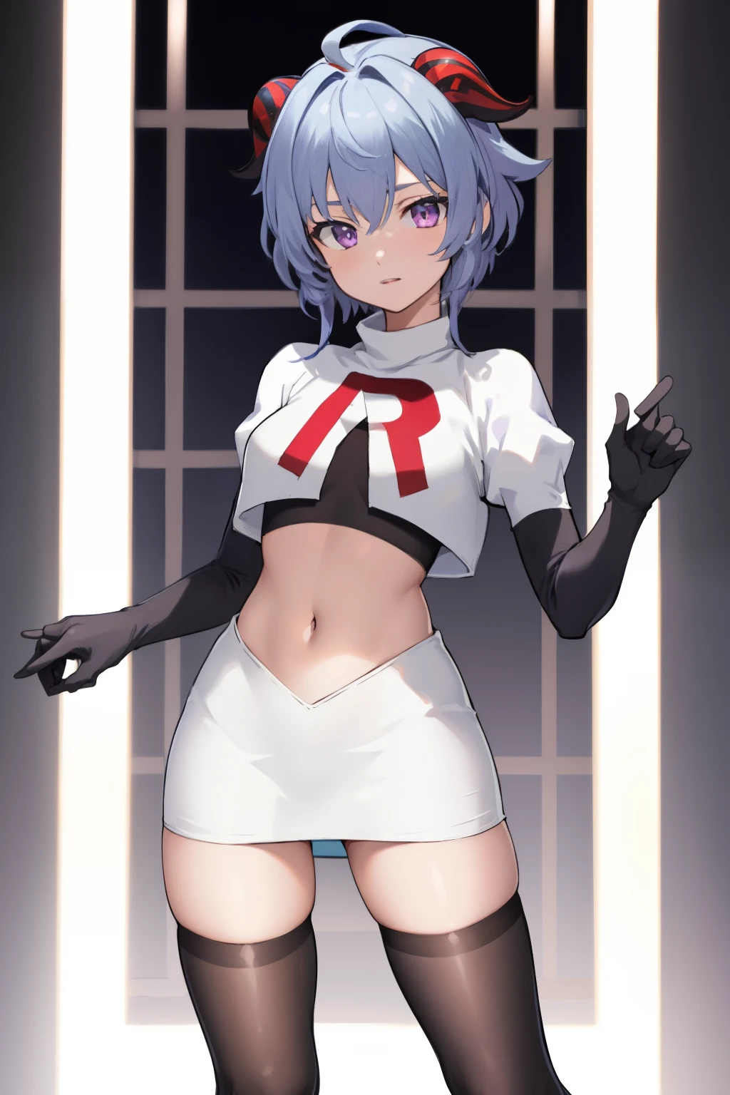 ganyudef, violet eyes,short hair, light blue hair, horns on head, neck bell,team rocket,team rocket uniform, red letter R, white skirt,white crop top,black thigh-highs,black elbow gloves