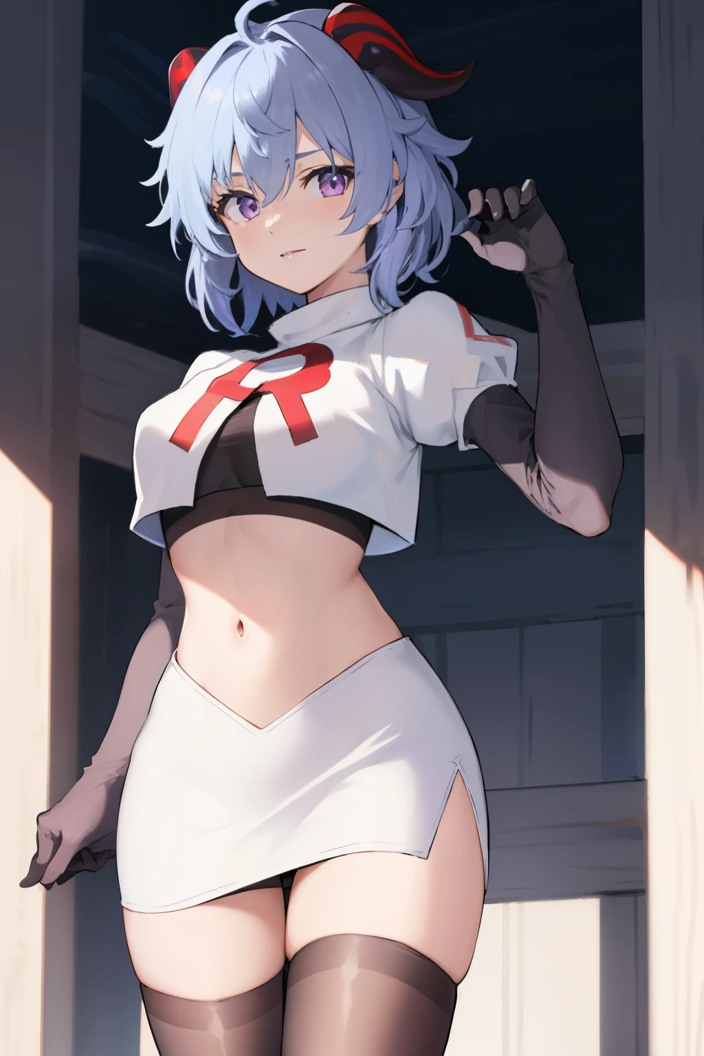 ganyudef, violet eyes,short hair, light blue hair, horns on head, neck bell,team rocket,team rocket uniform, red letter R, white skirt,white crop top,black thigh-highs,black elbow gloves