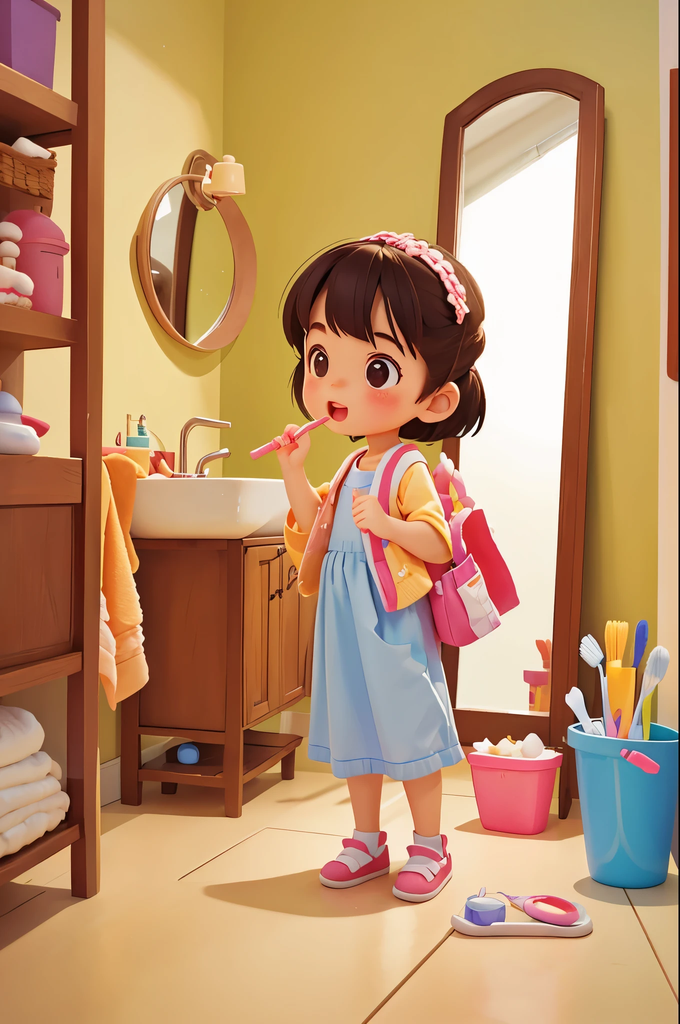 a cute little girl，Hold a toothbrush，Standing in front of the bathroom mirror，brush teeth，Pixar style, best quality, stills,