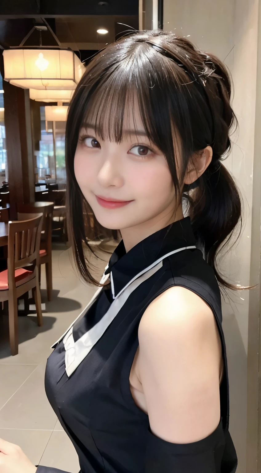 (highest quality,masterpiece:1.3,ultra high resolution,),(Super detailed,caustics),(Photoreal:1.4,RAW shooting,)ultra-realistic capture,very detailed,High resolution 16K human skin close-up。 natural skin texture、,The pores are、、、Must be detailed enough to be easily identified。 Skin should look even-toned and healthy。 Use natural light and color,restaurant,waitress uniform,1 girl,Japanese,18-year-old,cute,black haired,ponytail,big breasts,smile,turn your body forward,(Front view:1.1),look at the camera,cowboy shot,