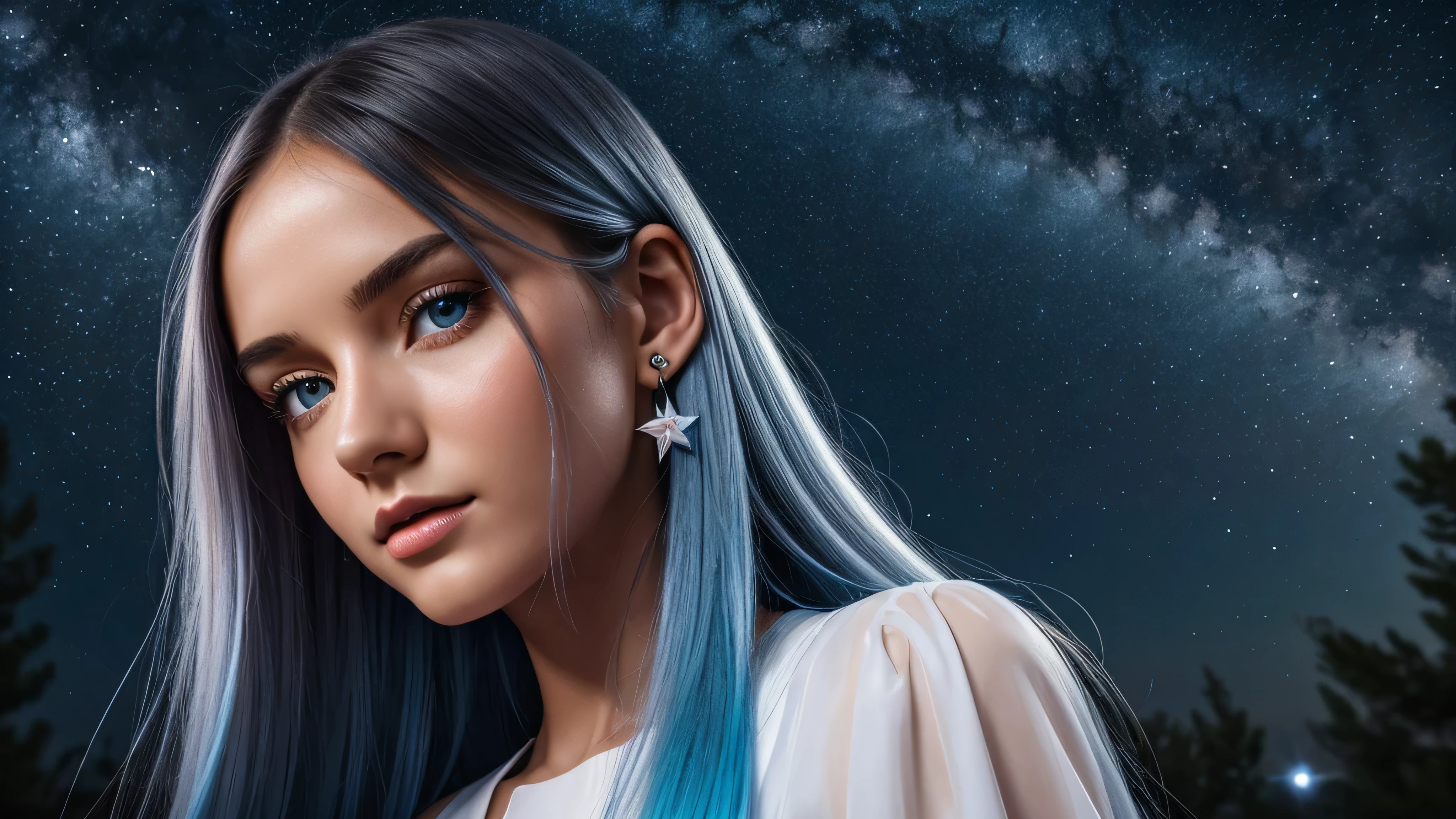 Beautiful realistic girl with BRIGHT WHITE-BLUE long hair ,Close-up of clean skin with detailed skin ,full length,in a short miniskirt,on an orange background ,Against the background of the starry sky,bright makeup,EARRINGS WITH GLITTERS,two-leaf gray flower,translucent speckled bifoliate gray,Bioluminescent - Ultra High Quality 8K Music Equalizer, High contrast, rich colors, soft light, Super detailed photos. ultra high quality 8K, High contrast, noise reduction, яркие rich colors.. high quality, 8K Ultra HD, High contrasthigh quality,soft colors,