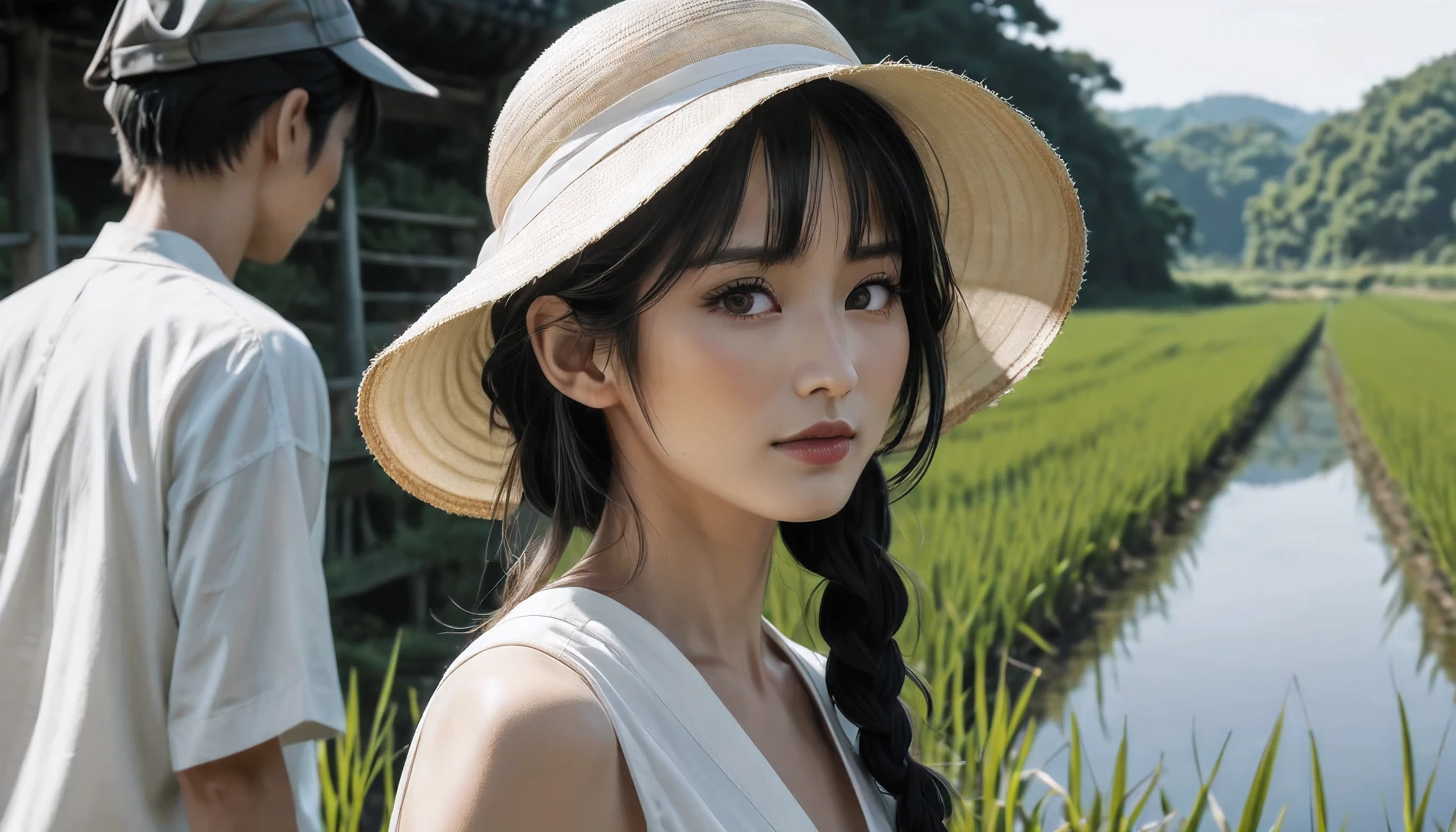 ((Aquiline nose):1.5), ((Hooked nose):1.2), ((High Bridge Nose):1.2). | Outline with black ink, smooth lines, Express expressions and postures through ink contrast, The background is Japanese Paddy Field. Emphasize light, shadow and space. Drawing of Mature Japanese beauty. Shining Black hair, (messy bangs hairstyle), ((fresh)), ((detailed_beautiful-eyes):1.1). | Wearing rice farmer clothes, rice farmer hat, fine art piece, figurative art, Dress neatly. sexy painting, Wallop | (best quality, 4K, 8k, high resolution,masterpiece:1.2), Super detailed,(actual, photoactual, photo-actual:1.37).