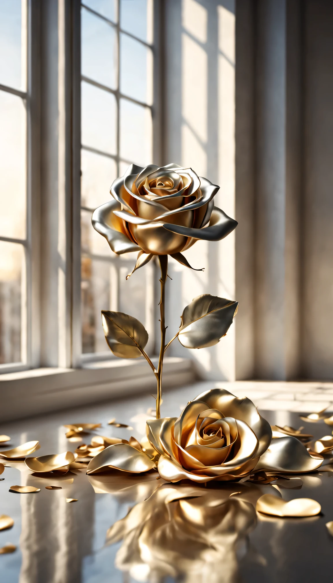 Detailed shot of realistic rose petals,  Made of highly polished silver, platinum and gold, silver rose petals, With golden ratio composition, In an empty room with a large window that lets in warm light.., 16k, Hmm