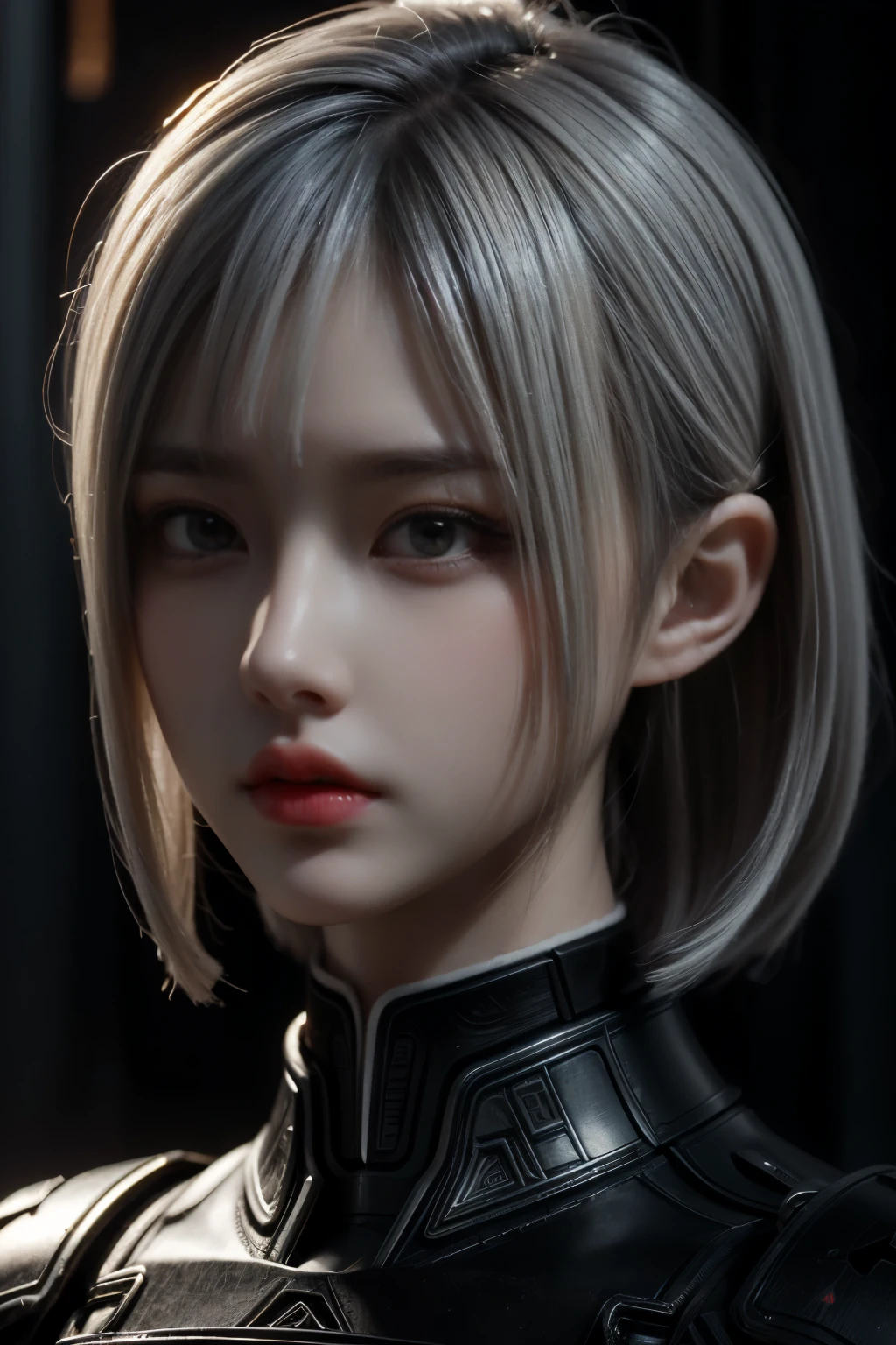 Masterpiece,Game art,The best picture quality,Highest resolution,8K,(Portrait),Unreal Engine 5 rendering works,(Digital Photography),((Portrait Feature:1.5)),
20 year old girl,Short hair details,With long bangs,(The red eye makeup is very meticulous),(White with short hair:1.4),(Large, full breasts),Elegant and noble,Brave and charming,
(Future armor combined with the characteristics of ancient Chinese armor,Hollow design,Power Armor,The mysterious Eastern runes,A delicate dress pattern,A flash of magic),Warrior of the future,Cyberpunk figures,Background of war,
Movie lights，Ray tracing，Game CG，((3D Unreal Engine))，OC rendering reflection pattern