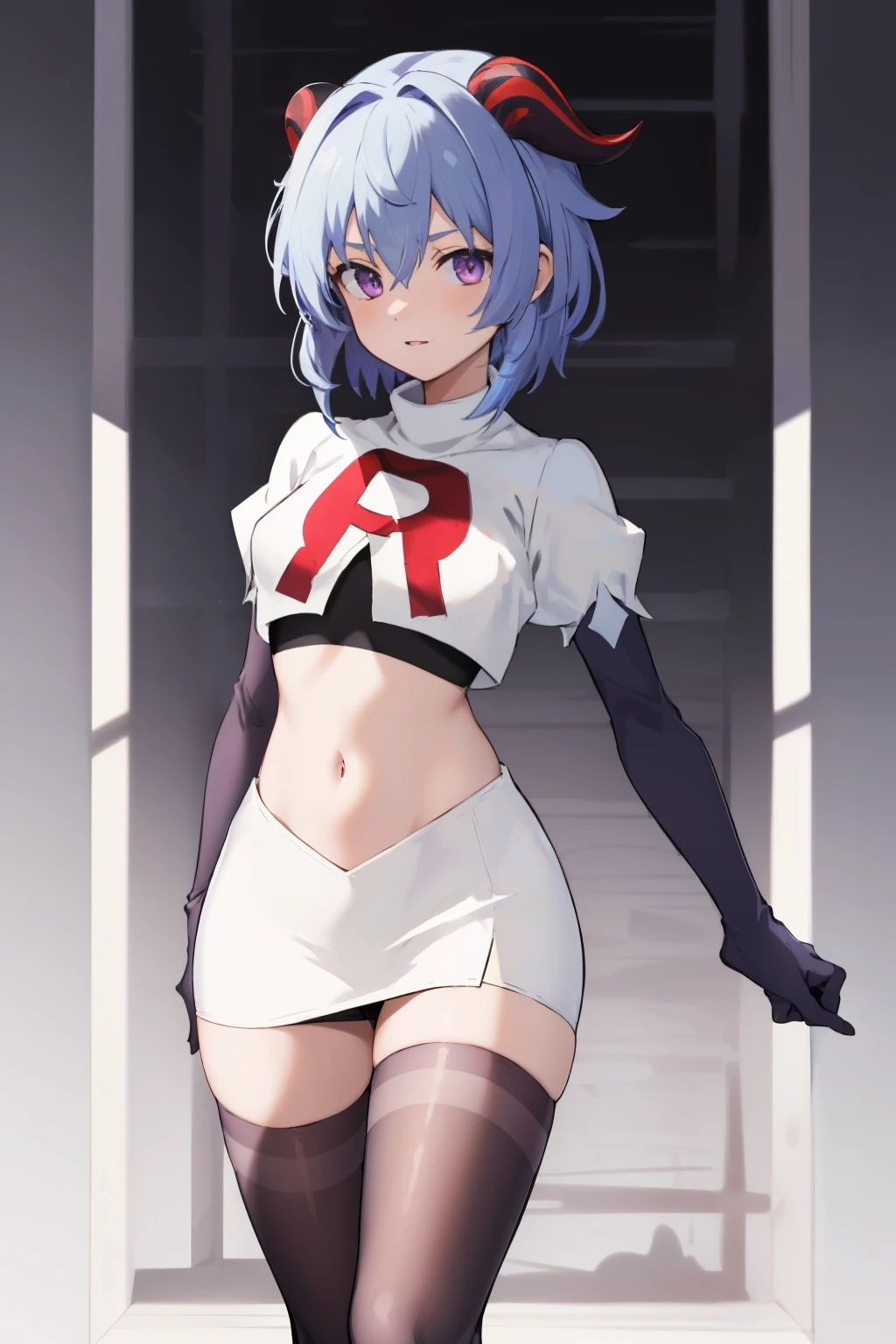ganyudef, violet eyes,short hair, light blue hair, horns on head, neck bell,team rocket,team rocket uniform, red letter R, white skirt,white crop top,black thigh-highs,black elbow gloves