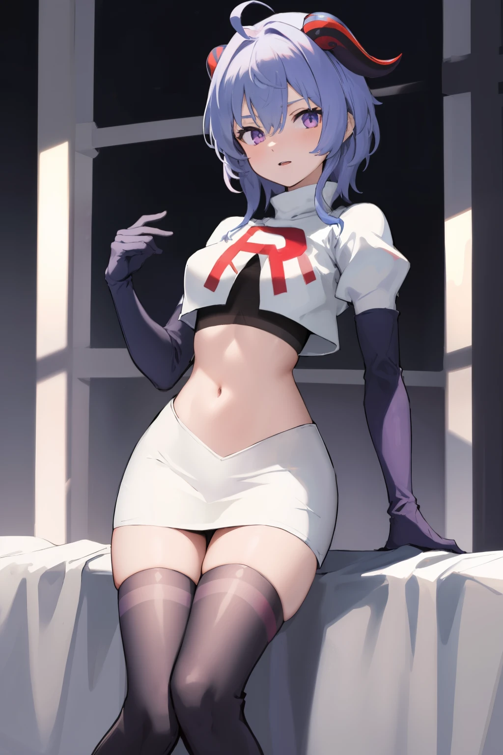 ganyudef, violet eyes,short hair, light blue hair, horns on head, neck bell,team rocket,team rocket uniform, red letter R, white skirt,white crop top,black thigh-highs,black elbow gloves