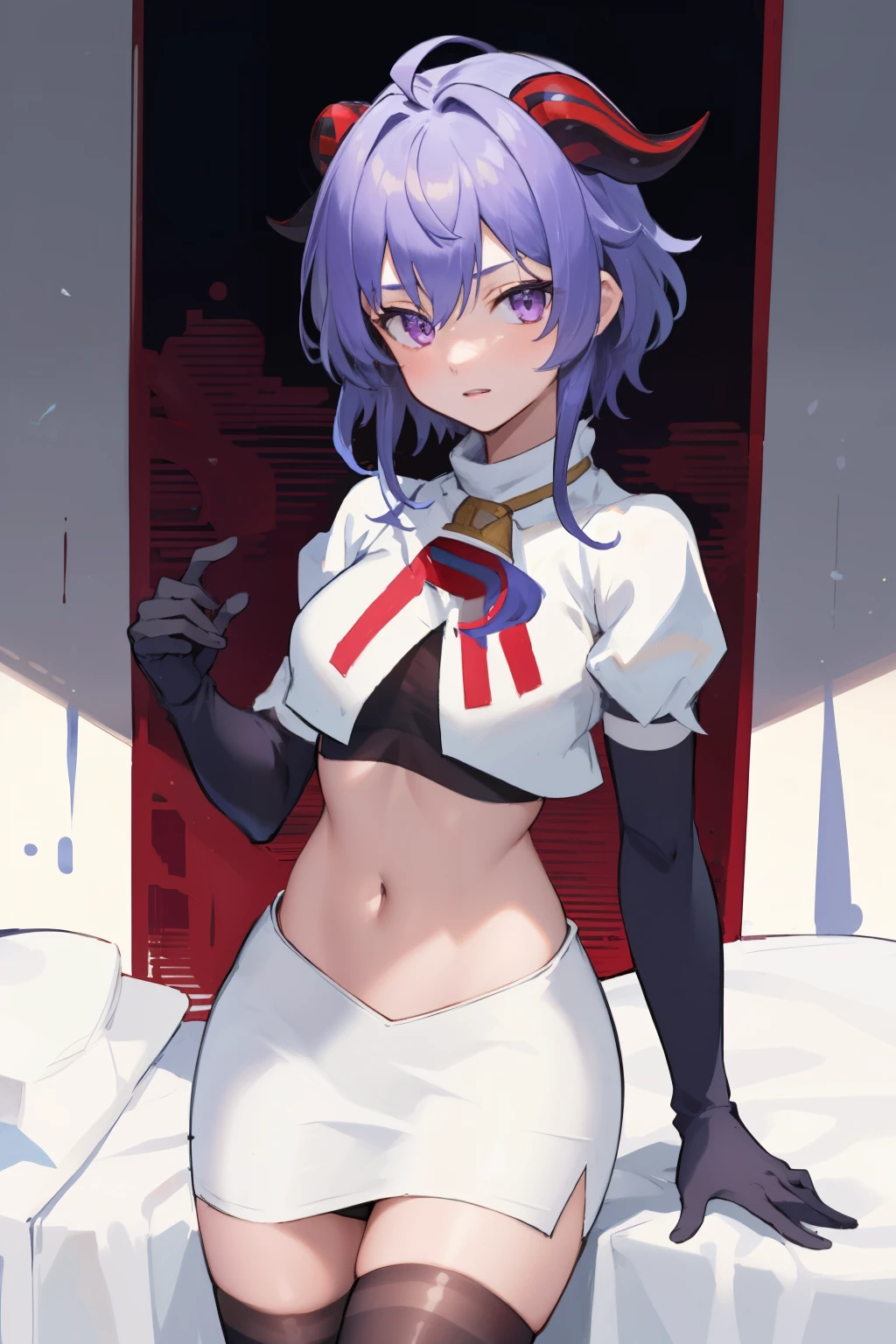 ganyudef, violet eyes,short hair, light blue hair, horns on head, neck bell,team rocket,team rocket uniform, red letter R, white skirt,white crop top,black thigh-highs,black elbow gloves