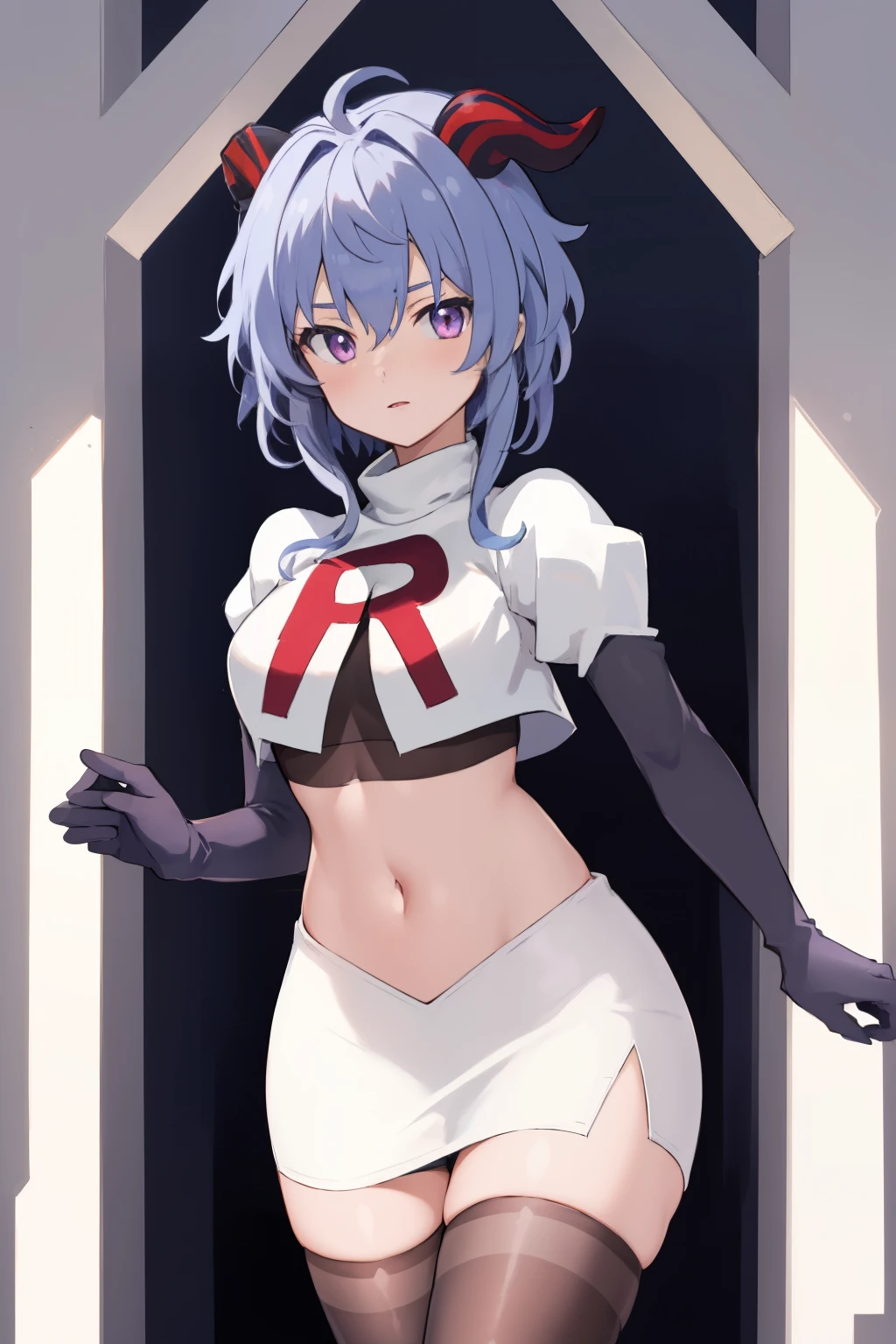 ganyudef, violet eyes,short hair, light blue hair, horns on head, neck bell,team rocket,team rocket uniform, red letter R, white skirt,white crop top,black thigh-highs,black elbow gloves