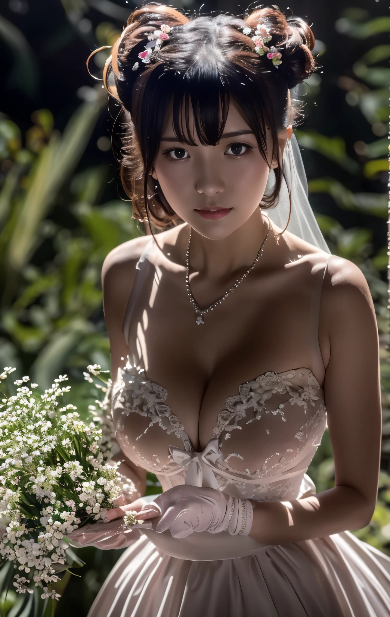 (((Pixel perfect, Perfect details))), alone, 1 girl, yuigahama yui,  Close-up of beautiful bride wearing beautiful wedding dress,Gurwitz, (bridal veil:1.5），（transparent short veil：1.5），blush，eye shadow，Blushing face，Head flower，headgear，bouquet，（tube top wedding dress：1.5），（silk dress：1.2）,（Strapless：1.5）,pure white dress，necklace，(earrings:1.2)，(large breasts:1.3)，Bangs，lipstick，（White long elbow gloves：1.4）,whole body照,High-detail RAW color art,White long skirt，whole body，only one railway track，(standing on the railroad tracks:1.3),18 years old, （long twintails：1.5）,(double bun:1.5), black hair