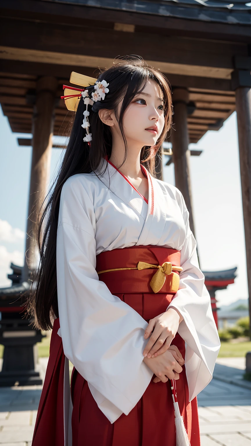 {{there is one standing woman in shrine}},masterpiece,8K,(photo realistic),realistic skin,(very long hair),blush,(shrine maiden,top is (white) yukata,bottom is (red) hakama:1.5), little smile,correct_anatomy,full body,(grabbing straw broom with both hands:1.4,sun lighting,dramatic lighting,(look up :1.5),45 angle view,35mm lens,(from below:1.4)(natural lighting)