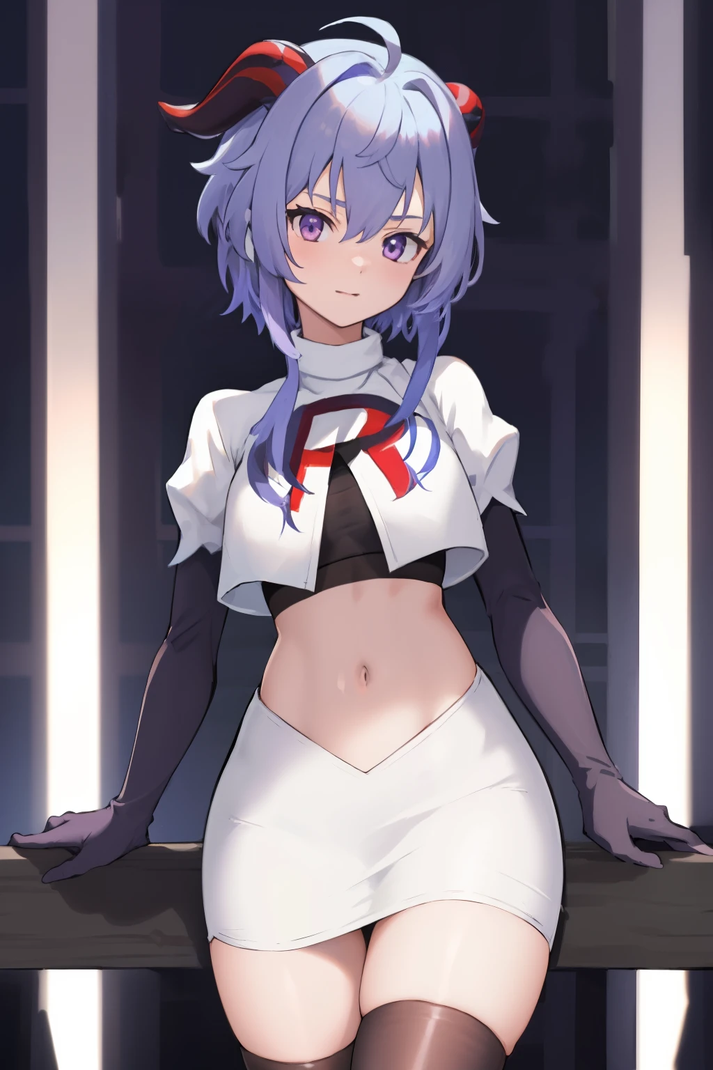 ganyudef, violet eyes,short hair, light blue hair, horns on head, neck bell,team rocket,team rocket uniform, red letter R, white skirt,white crop top,black thigh-highs,black elbow gloves