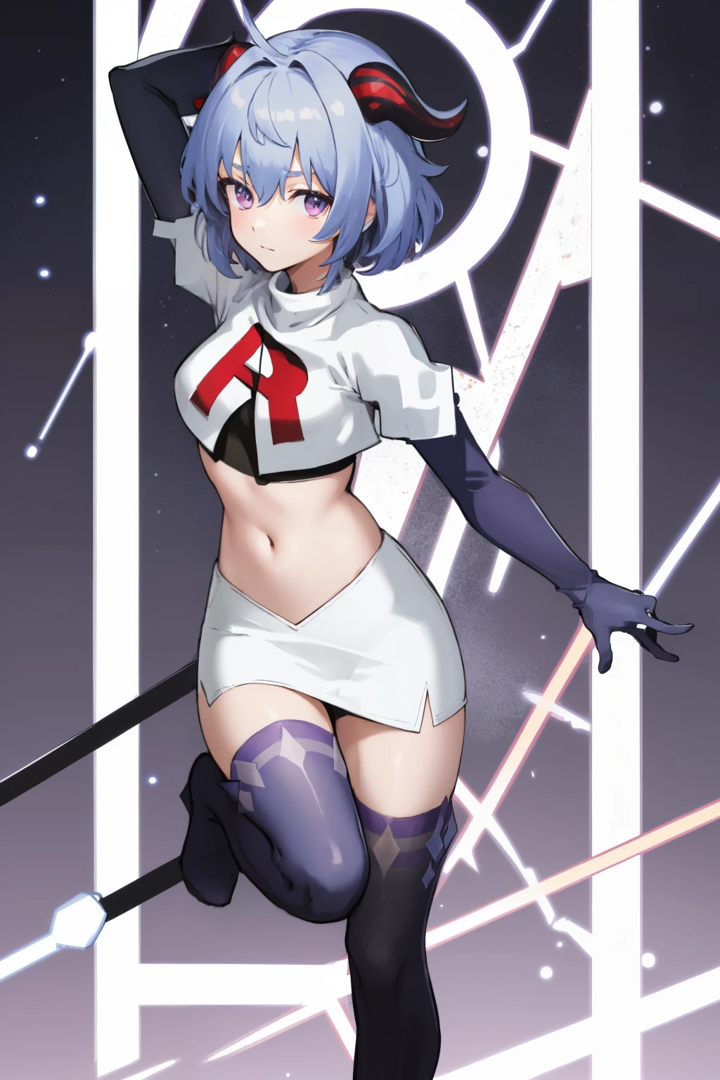 ganyudef, violet eyes,short hair, light blue hair, horns on head, neck bell,team rocket,team rocket uniform, red letter R, white skirt,white crop top,black thigh-highs,black elbow gloves