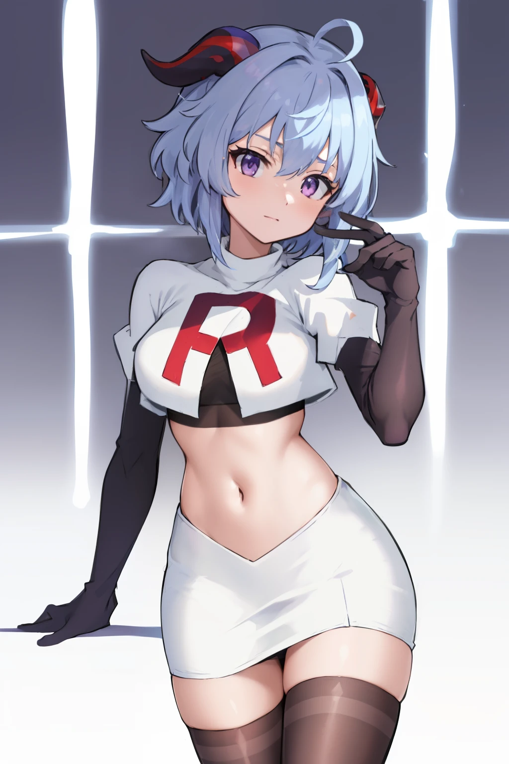 ganyudef, violet eyes,short hair, light blue hair, horns on head, neck bell,team rocket,team rocket uniform, red letter R, white skirt,white crop top,black thigh-highs,black elbow gloves