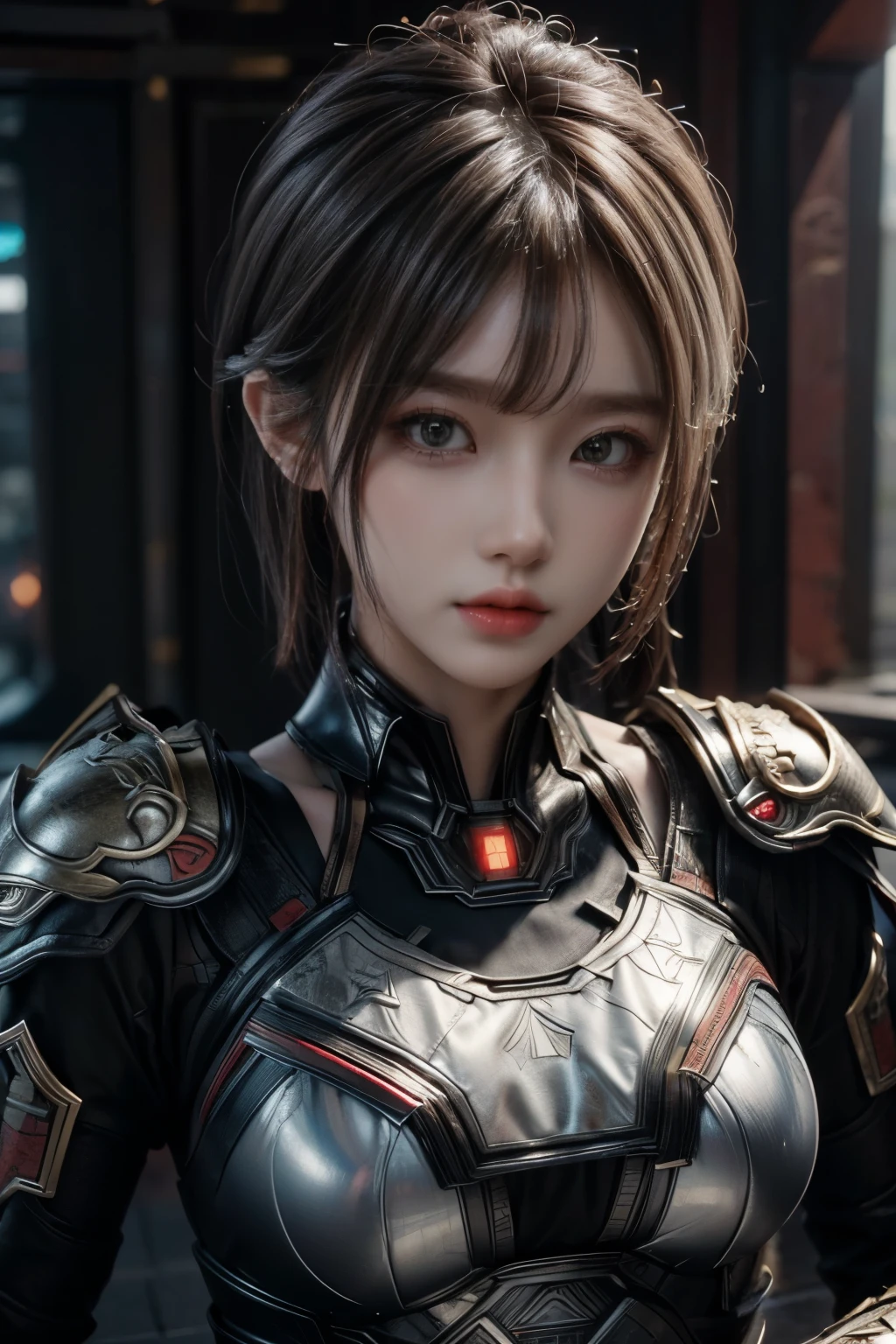Masterpiece,Game art,The best picture quality,Highest resolution,8K,(Portrait),Unreal Engine 5 rendering works,(Digital Photography),((Portrait Feature:1.5)),
20 year old girl,Short hair details,With long bangs,(The red eye makeup is very meticulous),(White with short hair:1.4),(Large, full breasts),Elegant and noble,Brave and charming,
(Future armor combined with the characteristics of ancient Chinese armor,Hollow design,Power Armor,The mysterious Eastern runes,A delicate dress pattern,A flash of magic),Warrior of the future,Cyberpunk figures,Background of war,
Movie lights,Ray tracing,Game CG,((3D Unreal Engine)),OC rendering reflection pattern