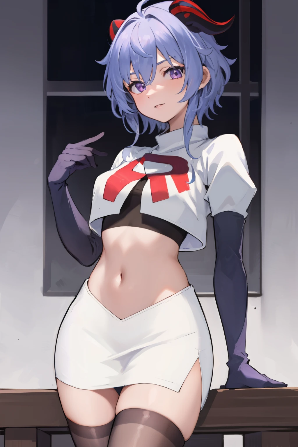 ganyudef, violet eyes,short hair, light blue hair, horns on head, neck bell,team rocket,team rocket uniform, red letter R, white skirt,white crop top,black thigh-highs,black elbow gloves
