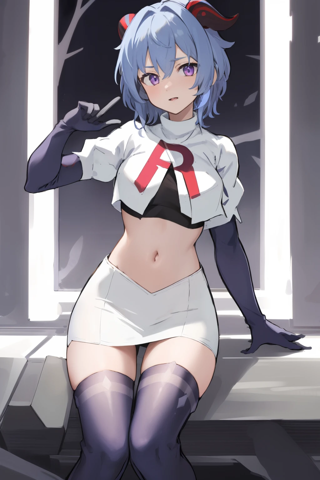 ganyudef, violet eyes,short hair, light blue hair, horns on head, neck bell,team rocket,team rocket uniform, red letter R, white skirt,white crop top,black thigh-highs,black elbow gloves