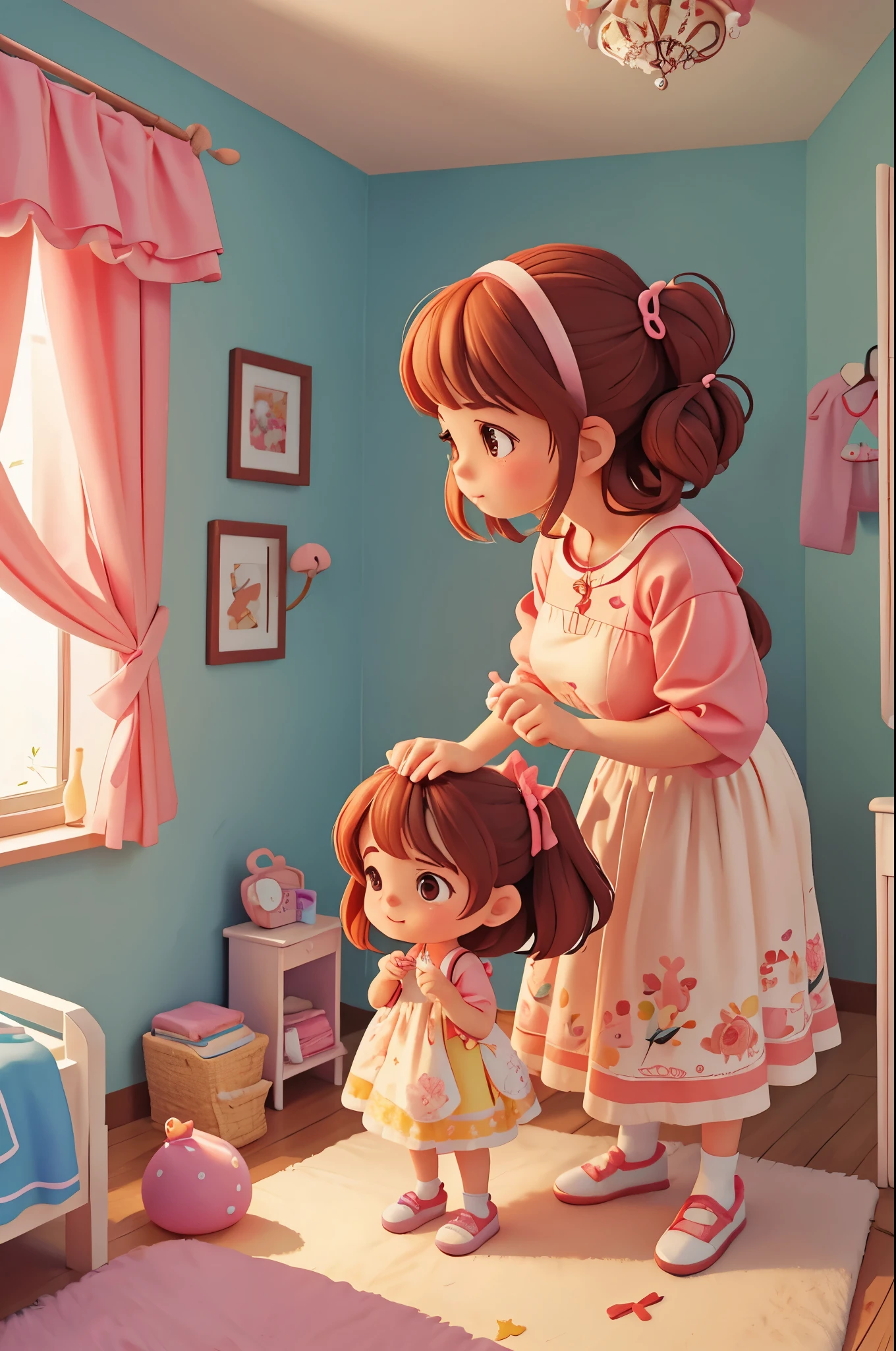 Gentle mother is combing the cute little girl's hair,bedroom,Pixar style, best quality, stills,