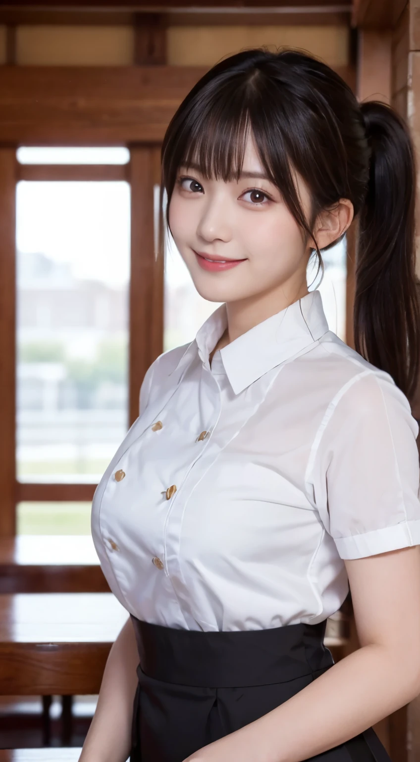 (highest quality,masterpiece:1.3,ultra high resolution,),(Super detailed,caustics),(Photoreal:1.4,RAW shooting,)ultra-realistic capture,very detailed,High resolution 16K human skin close-up。 natural skin texture、,The pores are、、、Must be detailed enough to be easily identified。 Skin should look even-toned and healthy。 Use natural light and color,restaurant,waitress uniform,1 girl,Japanese,18-year-old,cute,black haired,ponytail,big breasts,smile,turn your body forward,(Front view:1.1),look at the camera,cowboy shot,