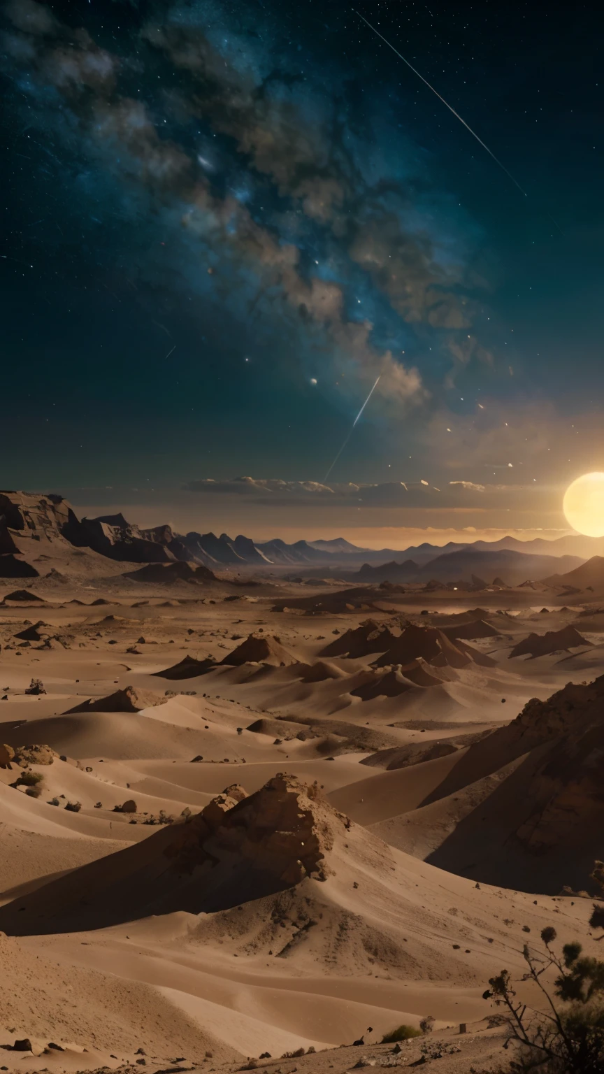 8k masterpiece, ((scene with daylight)), ((soft light)) it is daytime on a totally desert planet and we see the sky with two moons and full of large spaceships with complex structures, celestial landscape, stars and nebulae