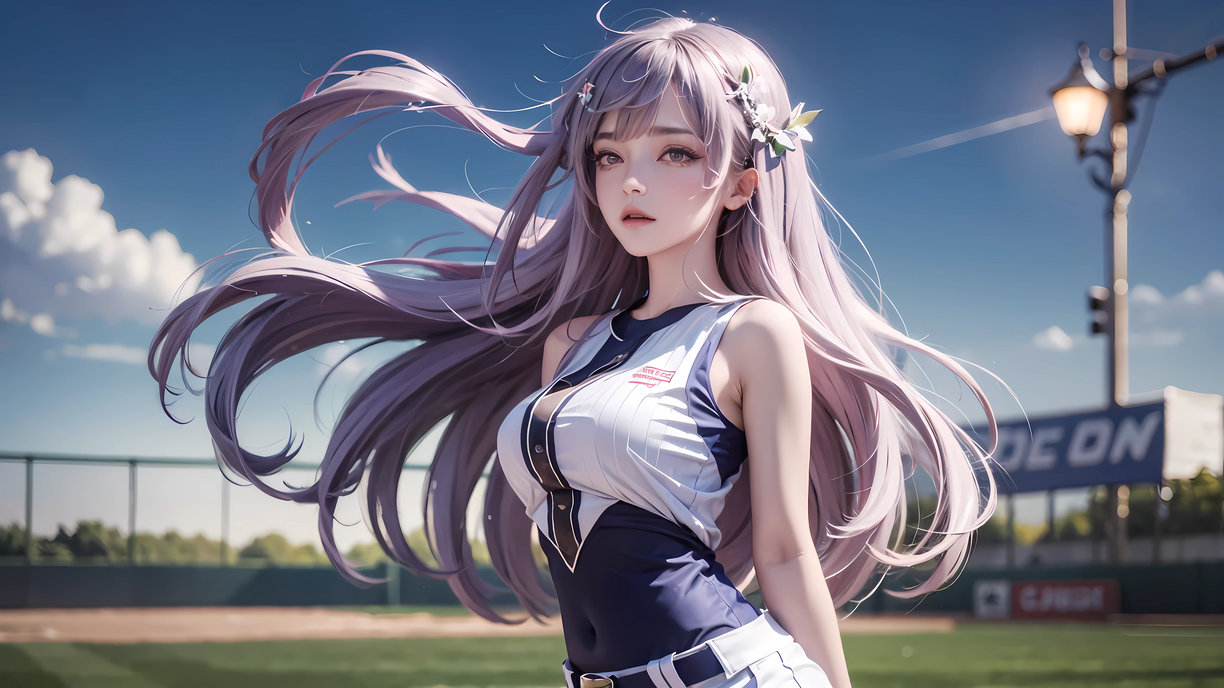 masterpiece,top quality,(realistically,realistically:1.4),(original photo:1.4),very delicate的CG Unity 8K壁纸,very delicate美丽,wonderful,Attention to detail,official art,absurd,Incredibly Ridiculous Resources,File size is huge,very good,very delicate,beautiful eyes and face,beautiful and delicate eyes,There is light on the face,a girl,long white hair,(pom poms)navel,upper part of body,baseball uniform, Baseball field, Baseball pitching action,bare arms, through bangs, ulzang-6500-v1.1