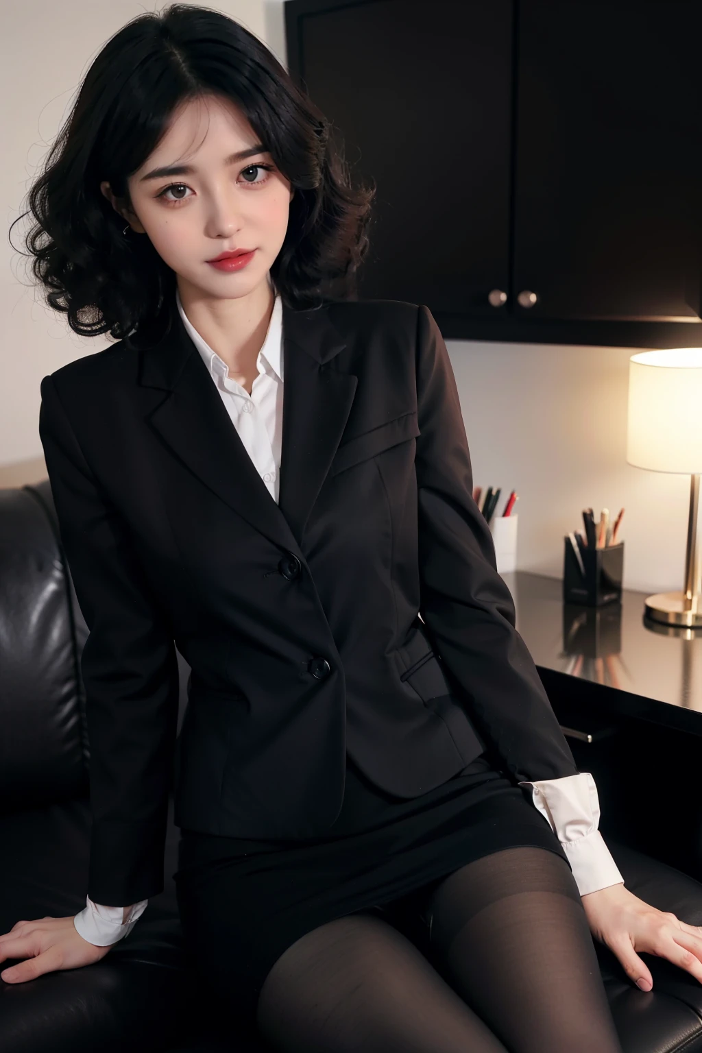 （anatomically correct:1.5)，(best quality:1.5),  (delicate face:1.1), (pretty face:1.1), slim figure，office lady，office clothes，black coat，Collared white shirt，black skirt，(curls:1.2)，(black_pantyhose:1.2)，Lovely，(happy:1.1)，blush