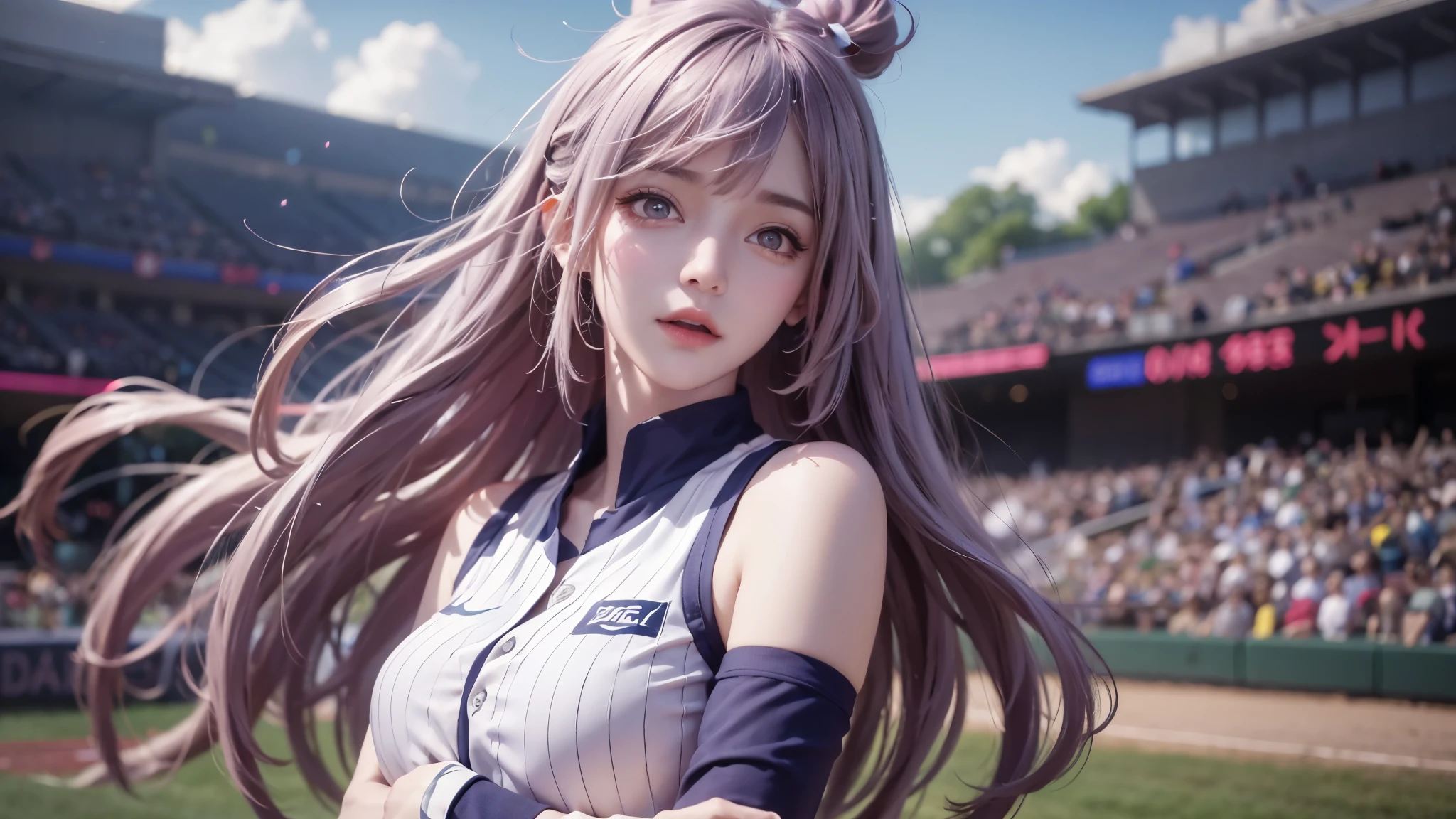 masterpiece，top quality，（realistically，realistically：1.4），（original photo：1.4），very delicate的CG Unity 8K壁纸，very delicate美丽，wonderful，attention to detail，official art，absurd，Incredibly Ridiculous Resources，Huge file size，very good，very delicate，beautiful eyes and face，Beautiful and delicate eyes，There is light on the face，a girl，long white hair，（pom poms）navel，upper part of body，baseball uniform， baseball field， Baseball pitching action，bare arms， through bangs， ulzang-6500-v1.1