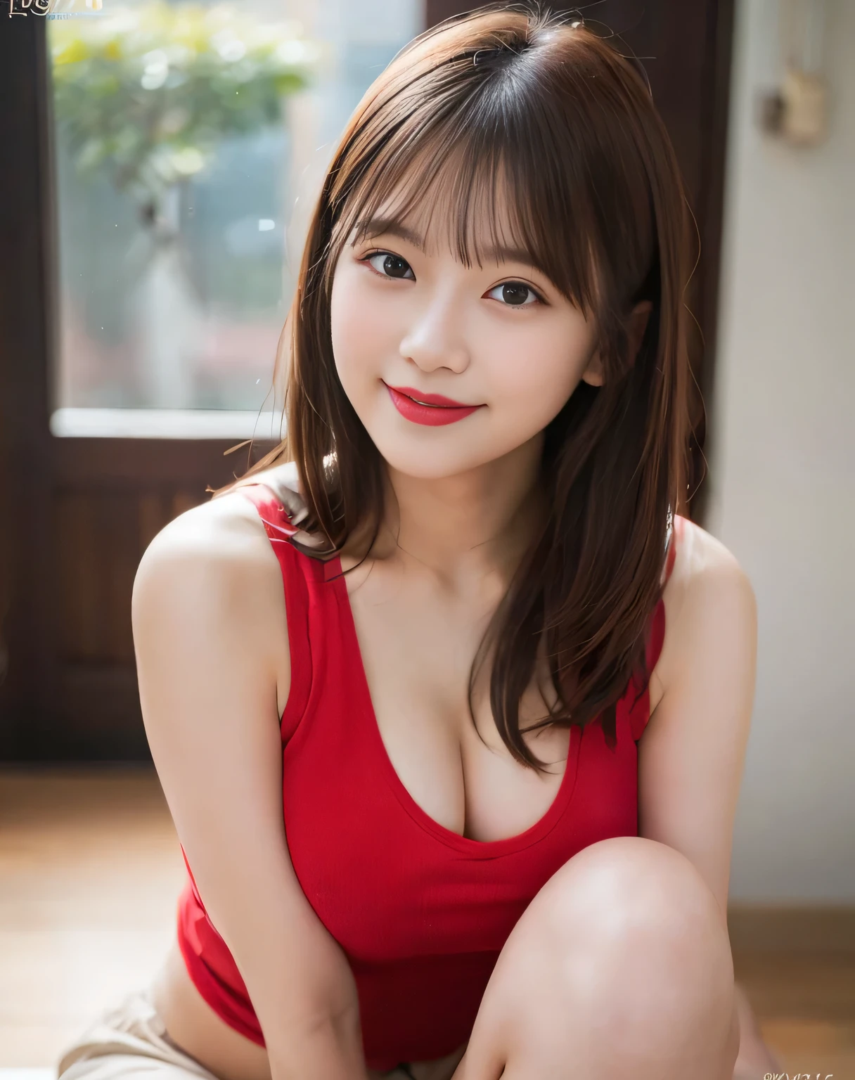 ((real photos:1.5)),(((realistic)))、(((live action)))、sorry smile、looking at camera、look at the audience、Photo from above the knees、(8k, RAW photo, highest quality, High resolution: 1.1), (超realistic: 1.4), (realistic, realistic: 1.3), red tank top、big breasts、firm chest、red lips