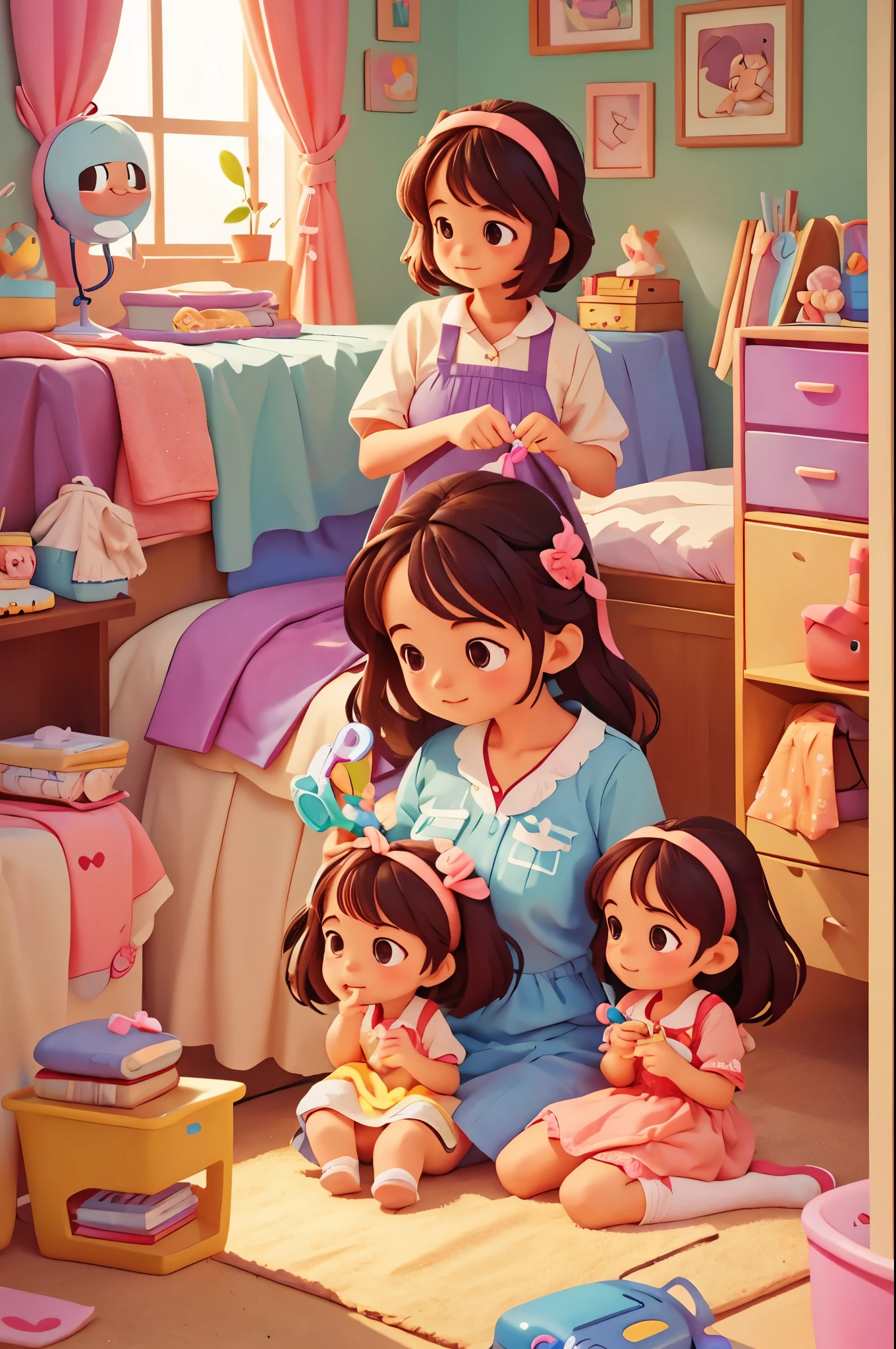 Gentle mother is combing the cute little girl&#39;s hair，bedroom，Pixar style, best quality, stills,