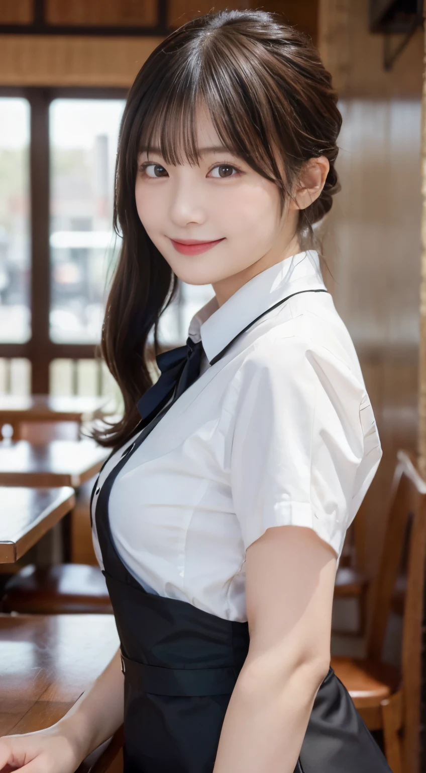 (highest quality,masterpiece:1.3,ultra high resolution,),(Super detailed,caustics),(Photoreal:1.4,RAW shooting,)ultra-realistic capture,very detailed,High resolution 16K human skin close-up。 natural skin texture、,The pores are、、、Must be detailed enough to be easily identified。 Skin should look even-toned and healthy。 Use natural light and color,restaurant,waitress uniform,1 girl,Japanese,18-year-old,cute,black haired,ponytail,,smile,turn your body forward,(Front view:1.1),look at the camera,cowboy shot,