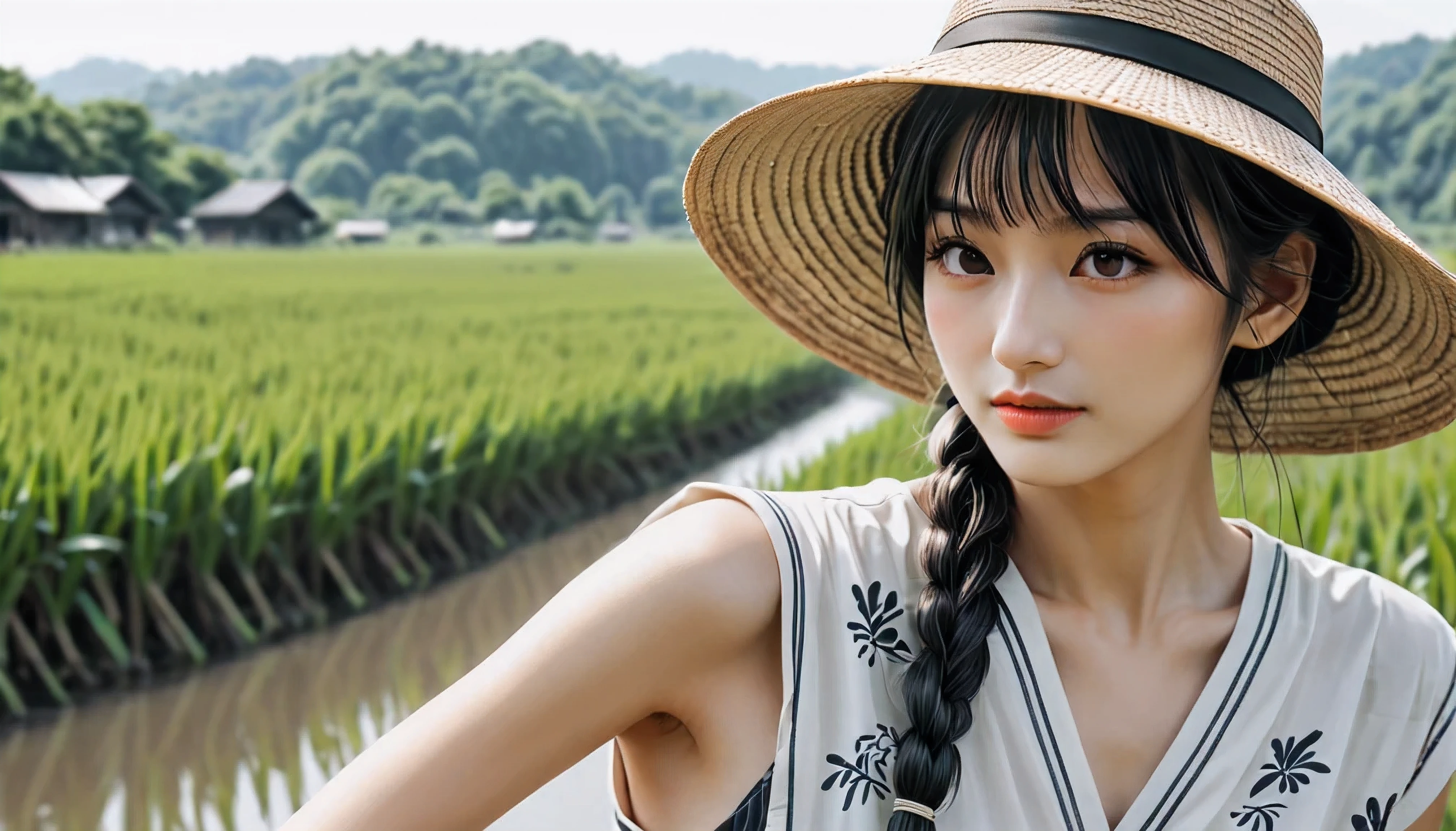 ((Aquiline nose):1.5), ((Hooked nose):1.2), ((High Bridge Nose):1.2). | ((Close up):1.1), Outline with black ink, smooth lines, Express expressions and postures through ink contrast, The background is Japanese Paddy Field. Emphasize light, shadow and space. Drawing of Mature Japanese beauty. Shining Black hair, (messy bangs hairstyle), ((fresh)), ((detailed_beautiful-eyes):1.1). |  Wearing rice farmer clothes, rice farmer hat, fine art piece, figurative art, Dress neatly. sexy painting, Wallop | (best quality, 4K, 8k, high resolution,masterpiece:1.2), Super detailed,(actual, photoactual, photo-actual:1.37).