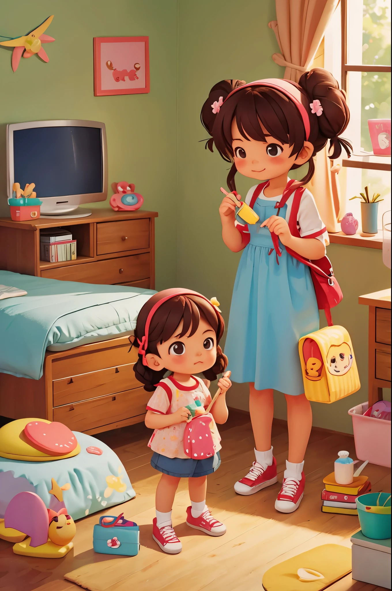 girl&#39;s bedroom，Mom is combing the cute little girl&#39;s hair，Braids，Pixar style, best quality, stills,