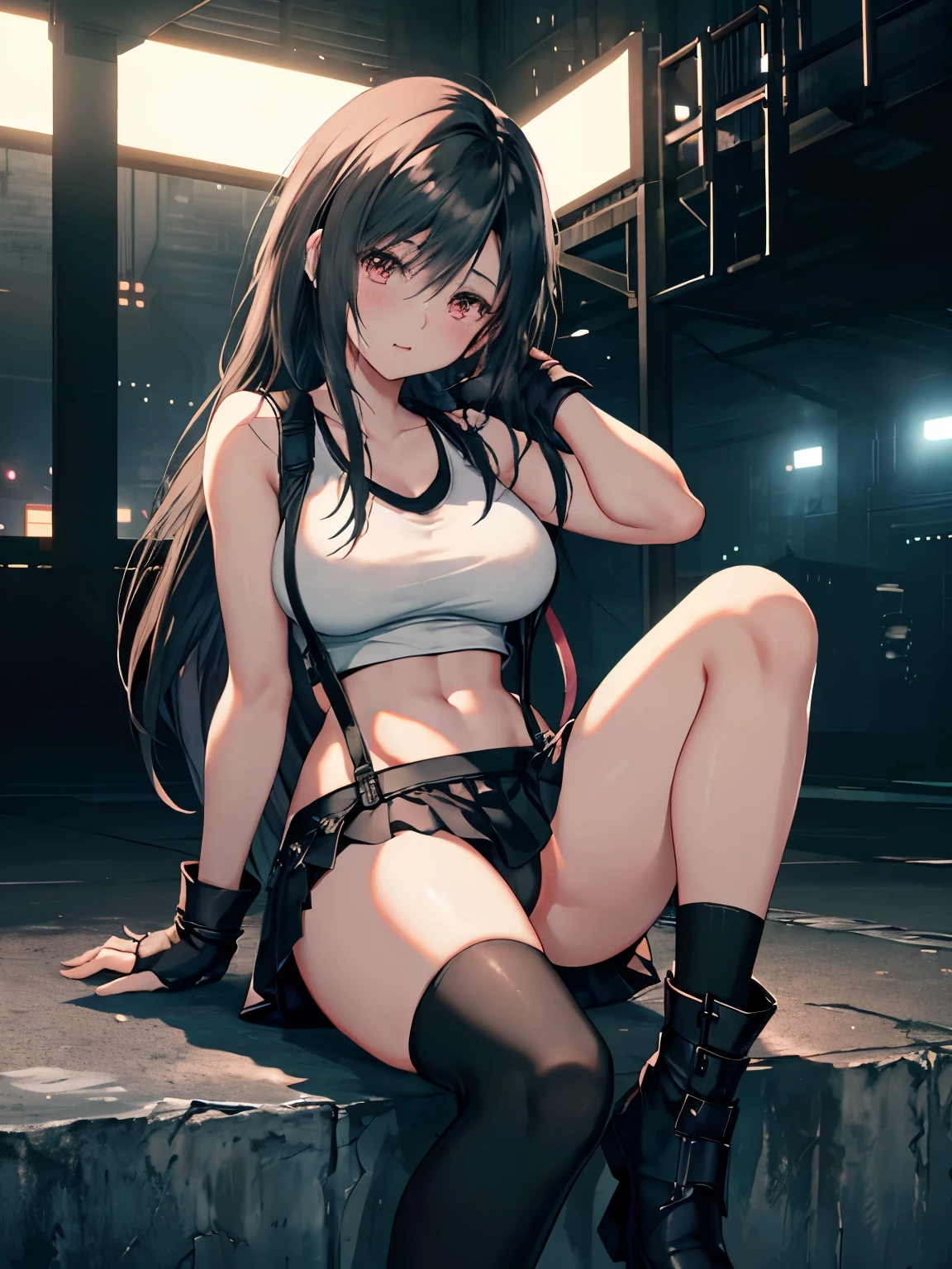 Final Fantasy VII,
ankle boots, black hair, black skirt, black knee socks, taut shirt,
(suspender black skirt), (white tank top, large breasts),
look at the audience,
concrete background, wariza,
(blush, drunk),
Sensual mouth,
Bokeh, highest quality, masterpiece, High resolution, 8k,