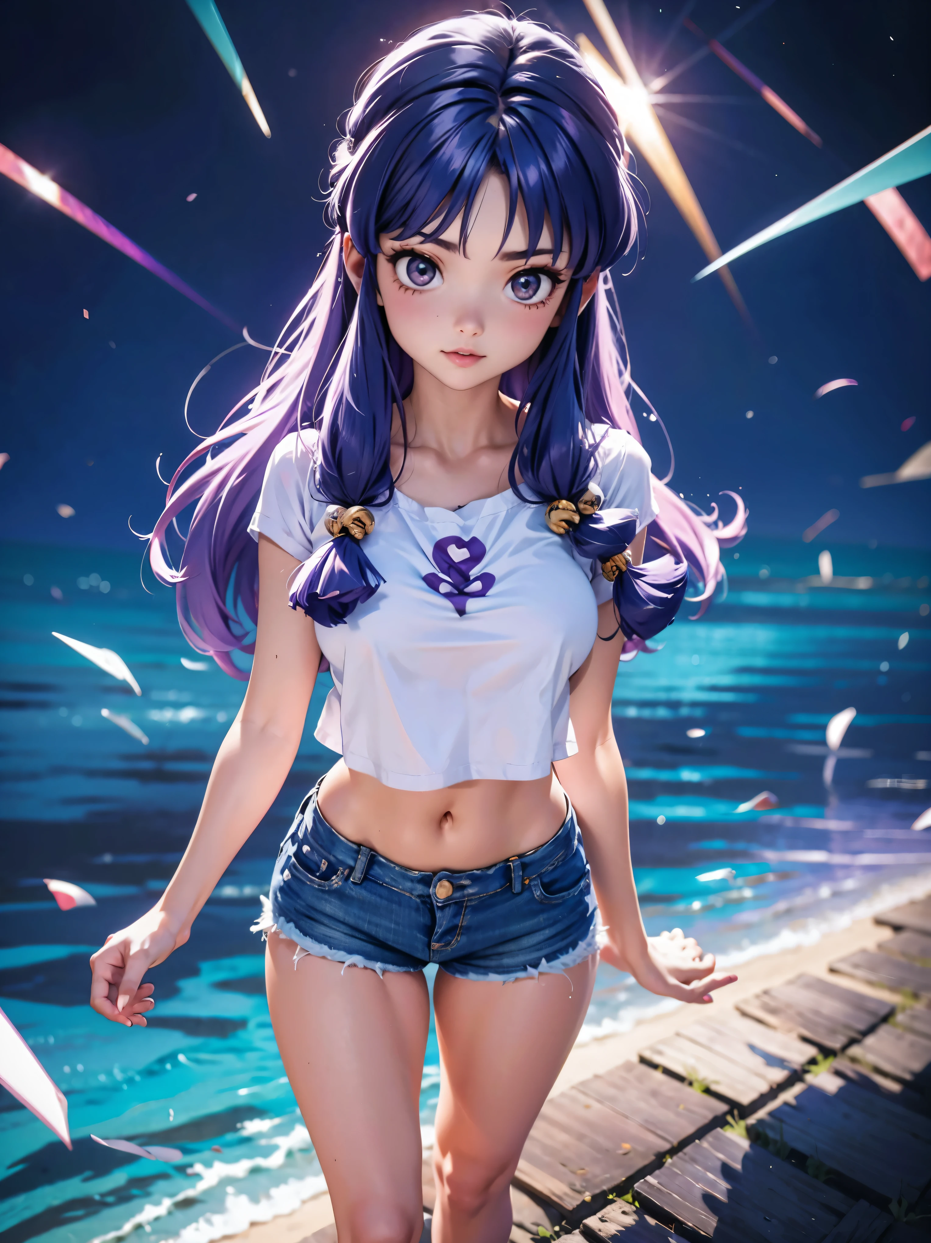 Anime cabelo purple com short jeans e blusa rosa brilhante, 16 anos, corpo bonito, seios grandes, com as hands on chest, hands on chest, Garota sexy, purple cabelo, mechas de cabelo laterais, mechas de cabelo na lateral do rosto, beautiful lighting, sombras suaves, olhos azuis, pernas bonitas, cabelo longo purple, estilo anime, personagem Shampoo Chan, Autora Rumiko Takahashi, Baseado em obra de Rumiko Takahashi, Anime Ranma 1/ 2, decote sexy, quadril robusto, corpo inteiro, corpo inteiro, busto grande, garota jovem com corpo belo e bonito, sandals on his feet, garota 16 anos jovem baixa estatura, usando short jeans e blusa rosa brilhante, garota anime, estilo anime, beautiful feet in sandals, 45° viewing angle, ao ar livre, peito grande, seios bonitos, cabelo purple, sandals on the feet, pernas bonitas