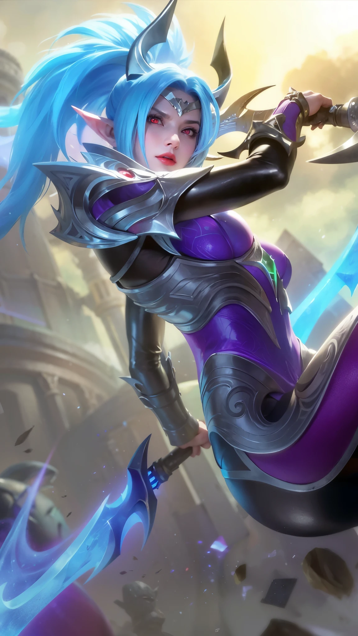(female:1.2), 8k, ultra hd, ultra detailed texture, hyper realistic, masterpiece, detailed texture, detailed face, detailed skin, detailed lighting, (photorealistic:1.5), best quality, beautiful lighting, cinematic lighting, professional lighting, ultra highres, realistic, detailed hair, real hair, high quality, (realskin:1.5), extremely detailed, finely detail, ultra-detailed, 1girl, solo, elf, pointy ears, standing, demon horns, forehead protector, (red eyes:1.5), v-shapped eyebrow, lips, red lips, evil smile, nose, make up, pretty, beautiful, cute face, long hair, blue hair, high ponytail, large breasts, cleavage, armpit, navel, stomach, black armor, pauldrons, bare shoulders, shoulder armor, thigh high, sleevless, detached sleeves, breastplate, gauntlets, karina \(mobile legends\), depth of field, looking aways, white skin, skin tight, amazing pose, outdoors, glowing, dark view.