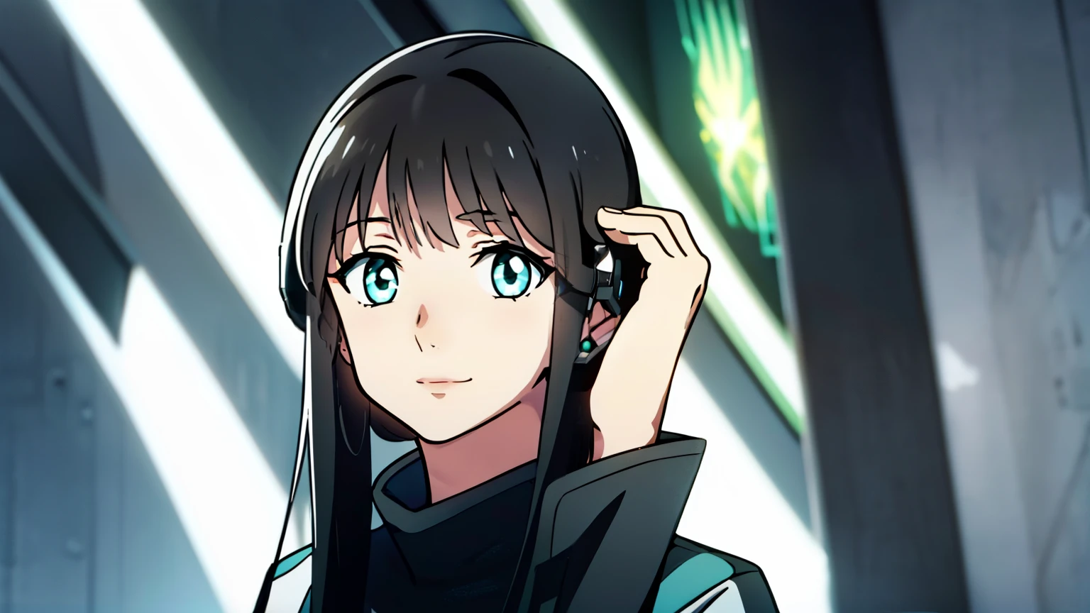 Izumi Kudou, long hair, black hair, green eyes, digital monsters, monitor, humanoid, kamen rider, digimon, masked rider, full covered on helmet, green halo above, black armor suit, black hole, glitching surrounding, standing, visual novel cg style, BREAK looking at viewer, BREAK (masterpiece:1.2), best quality, high resolution, unity 8k wallpaper, (illustration:0.8), (beautiful detailed eyes:1.6), extremely detailed face, perfect lighting, extremely detailed CG, (perfect hands, perfect anatomy)